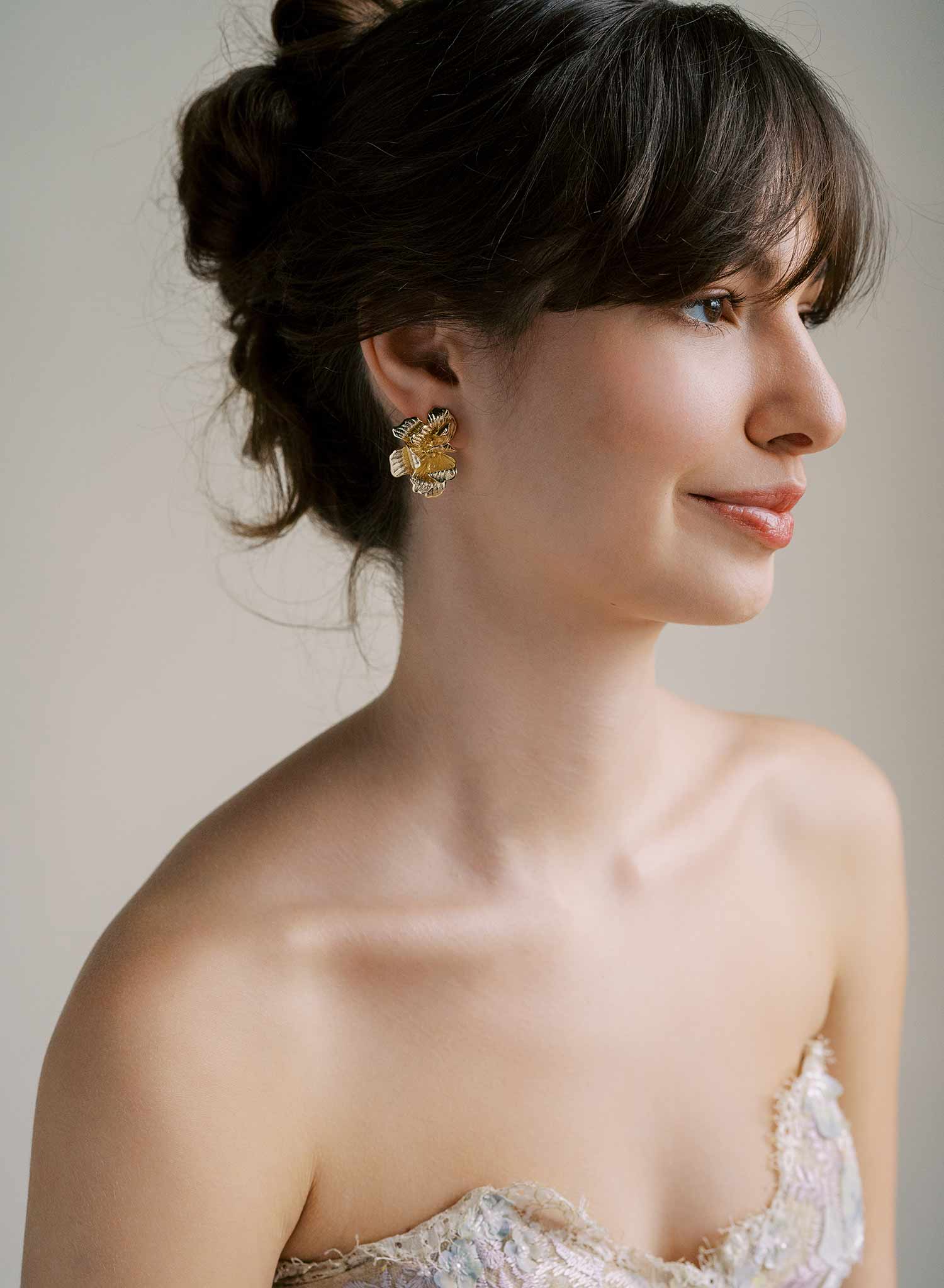 Abstract bent petal bridal earrings in gold with post backs. By Twigs and Honey