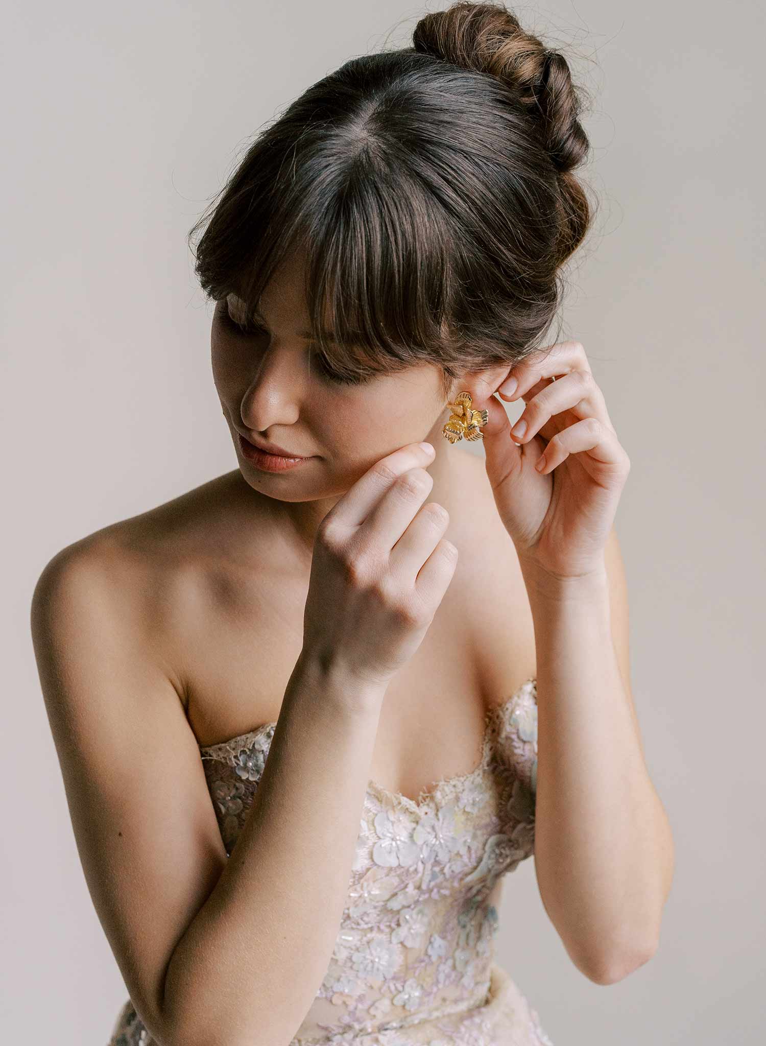 Abstract bent petal bridal earrings in gold with post backs. By Twigs and Honey