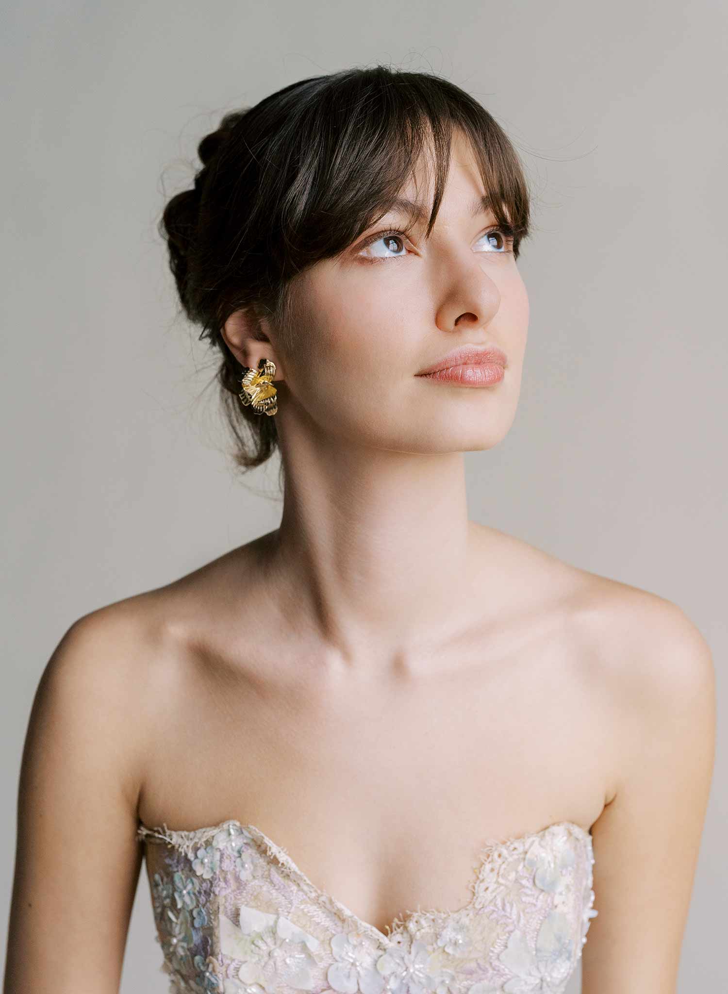 Abstract bent petal bridal earrings in gold with post backs. By Twigs and Honey