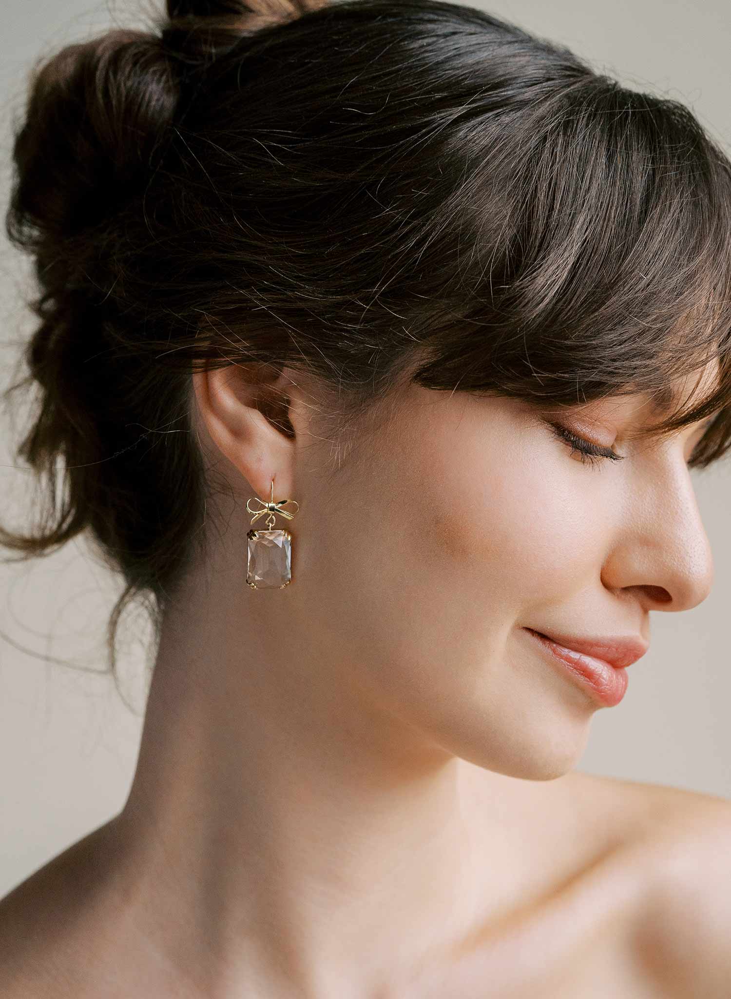 Rectangle crystal and gold bow hook earrings, bridal, weddings, jewelry by Twigs and honey