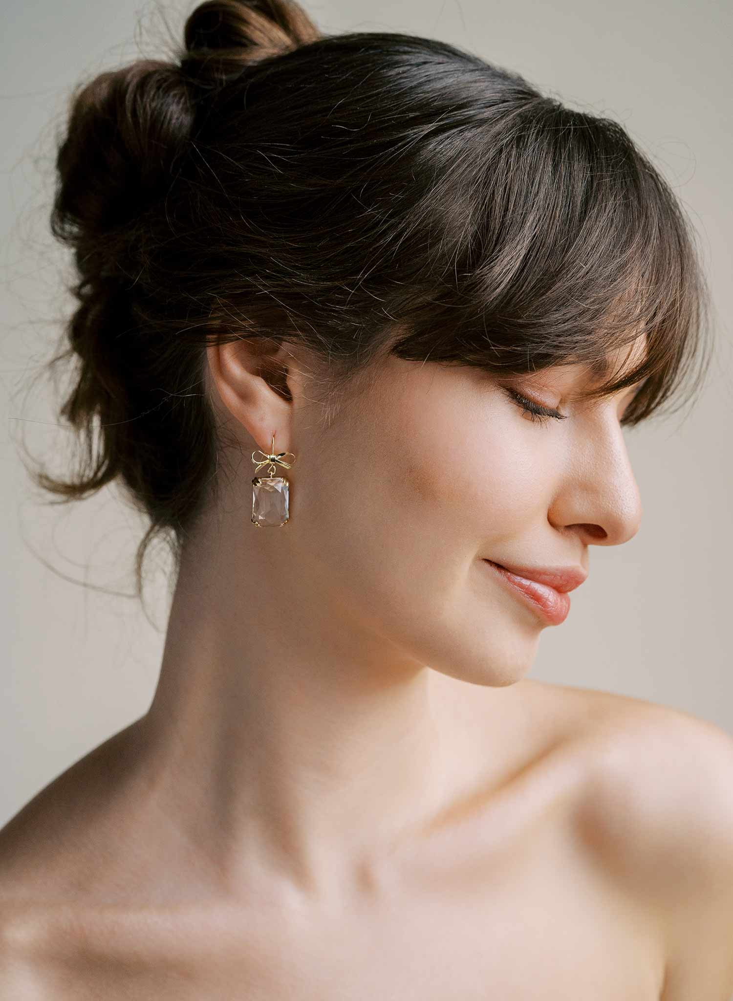 Rectangle crystal and gold bow hook earrings, bridal, weddings, jewelry by Twigs and honey