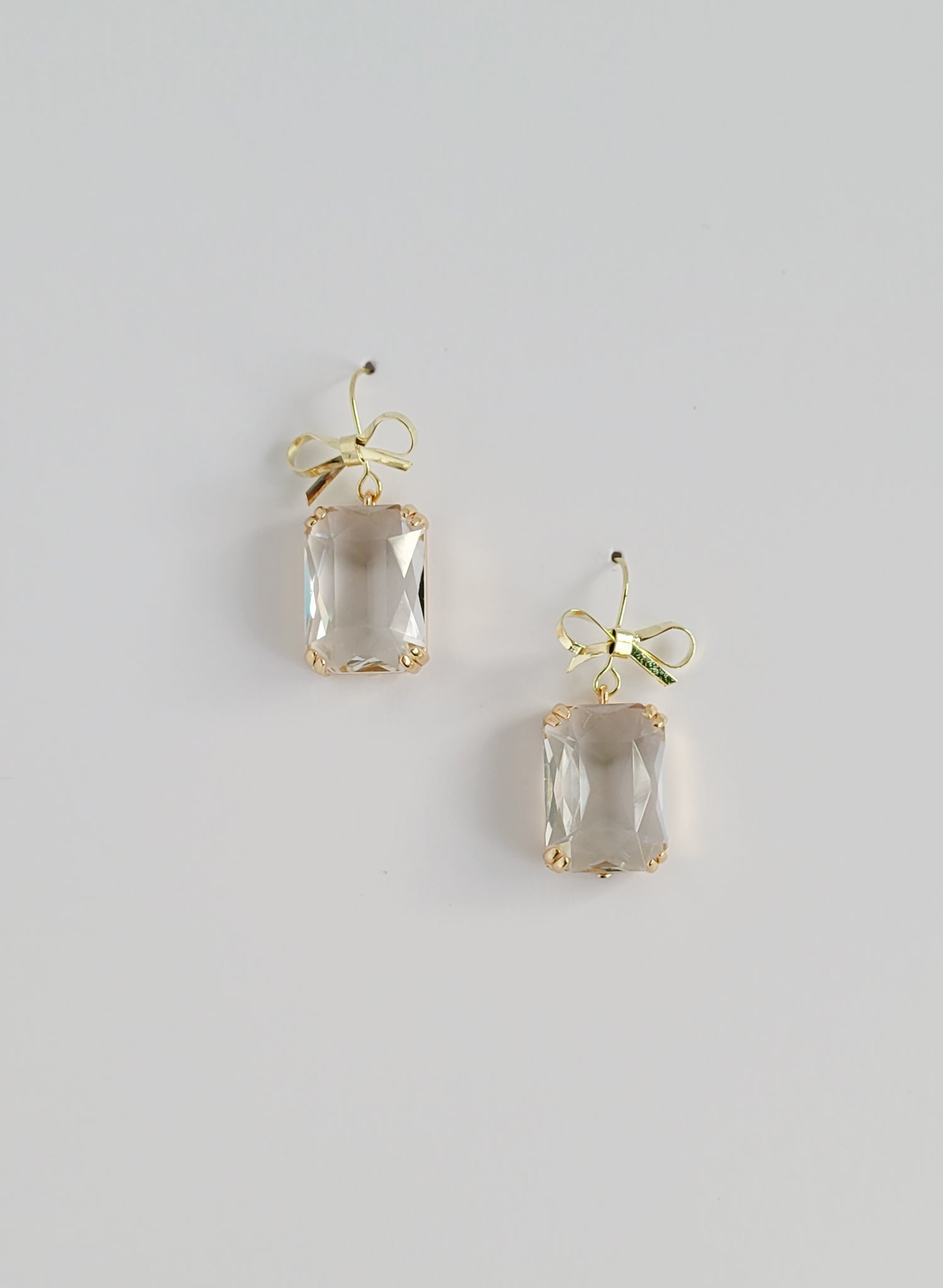 Rectangle crystal and gold bow hook earrings, bridal, weddings, jewelry by Twigs and honey