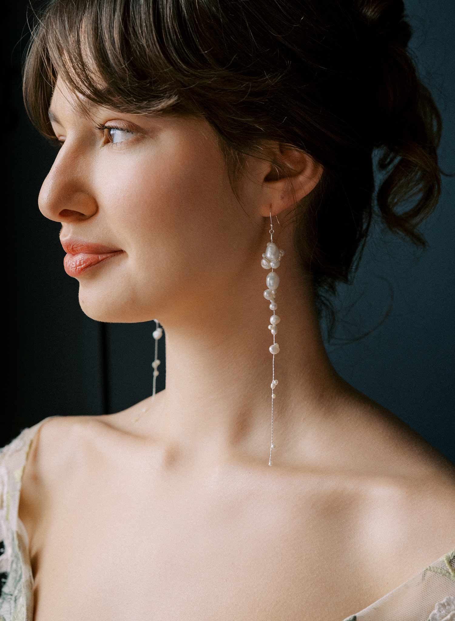 Delicate, pearl tendril bridal earrings, silver. Special occasion long earrings by Twigs and Honey