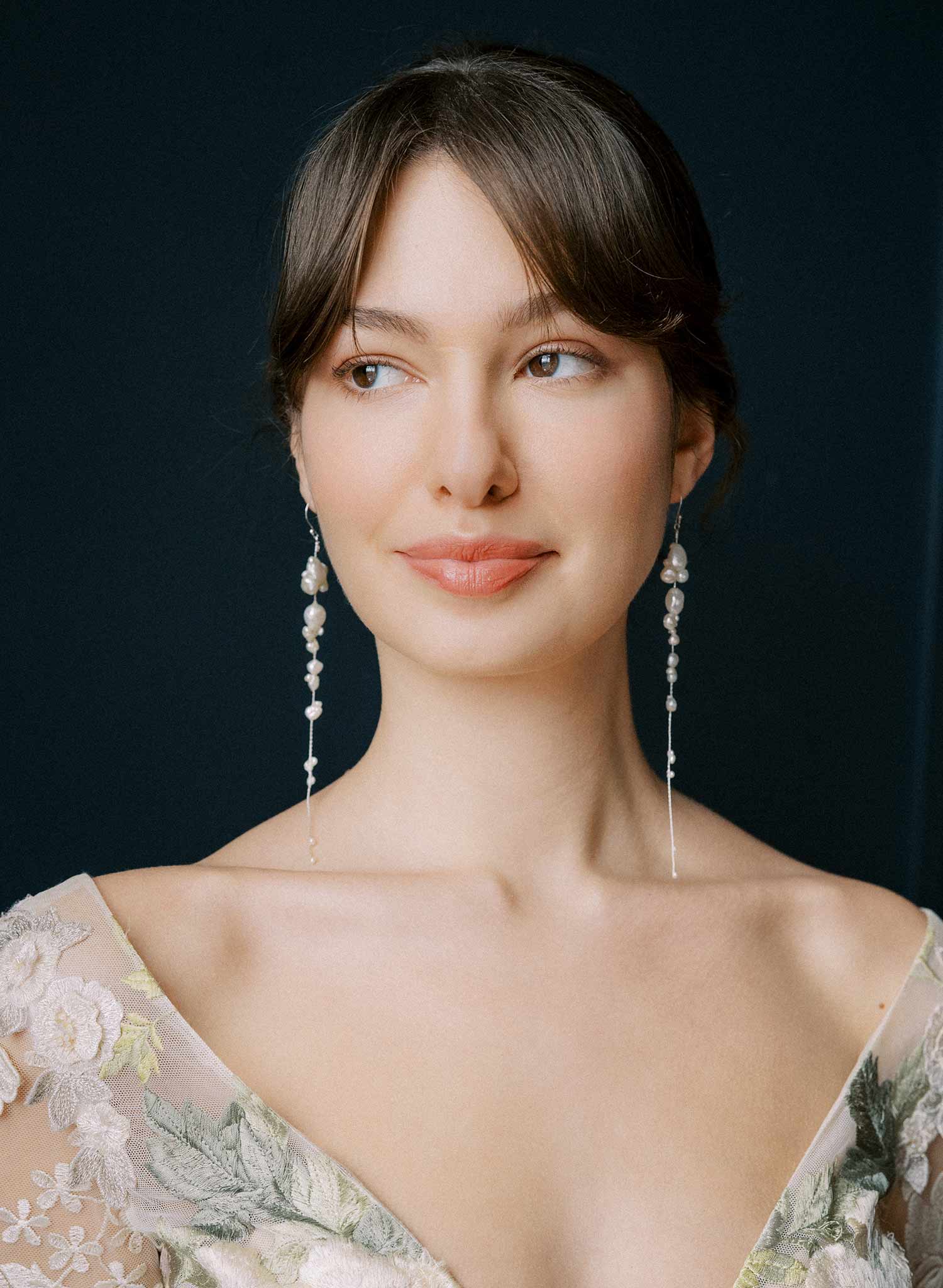 Delicate, pearl tendril bridal earrings, silver. Special occasion long earrings by Twigs and Honey