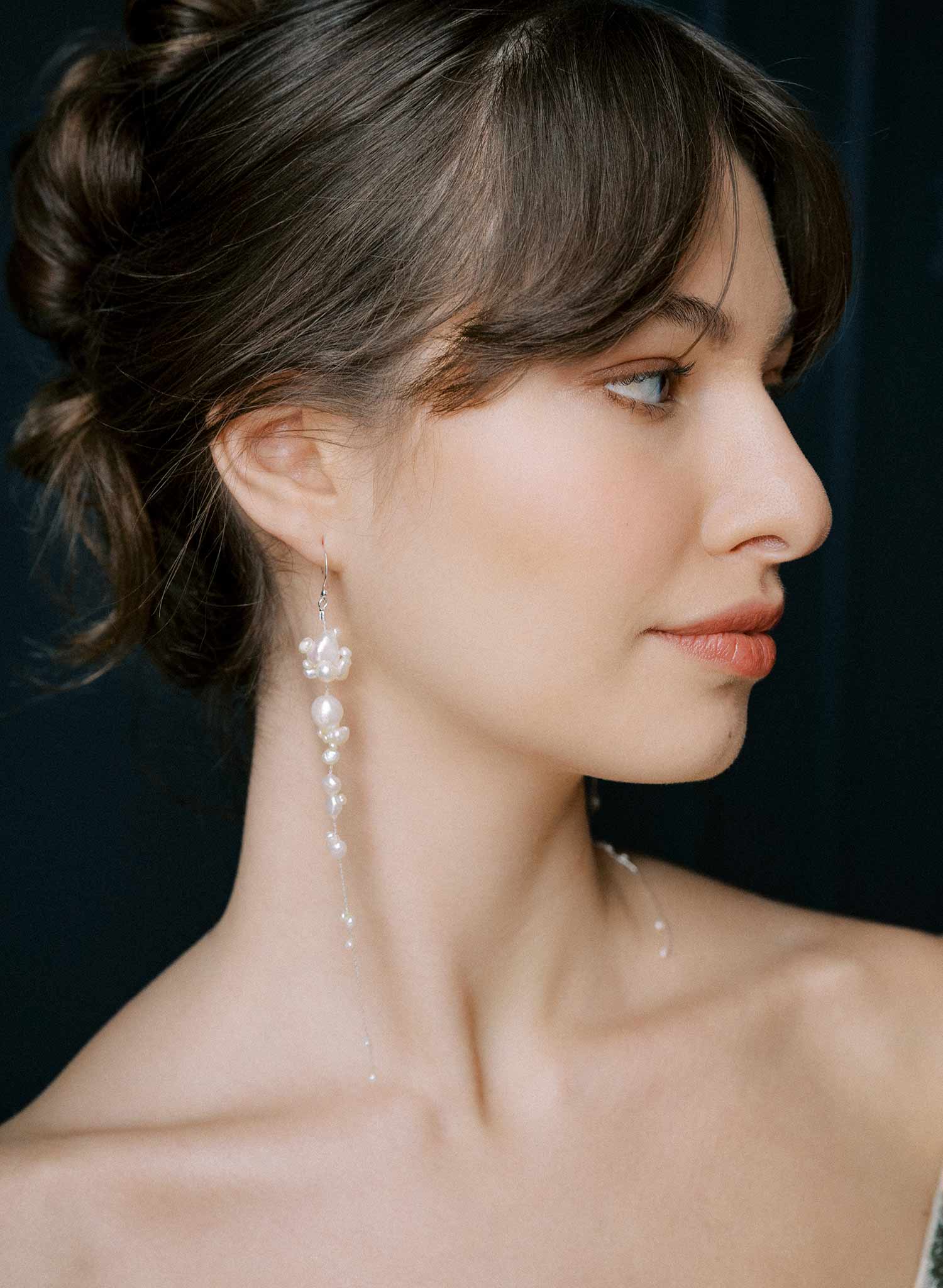 Delicate, pearl tendril bridal earrings, silver. Special occasion long earrings by Twigs and Honey