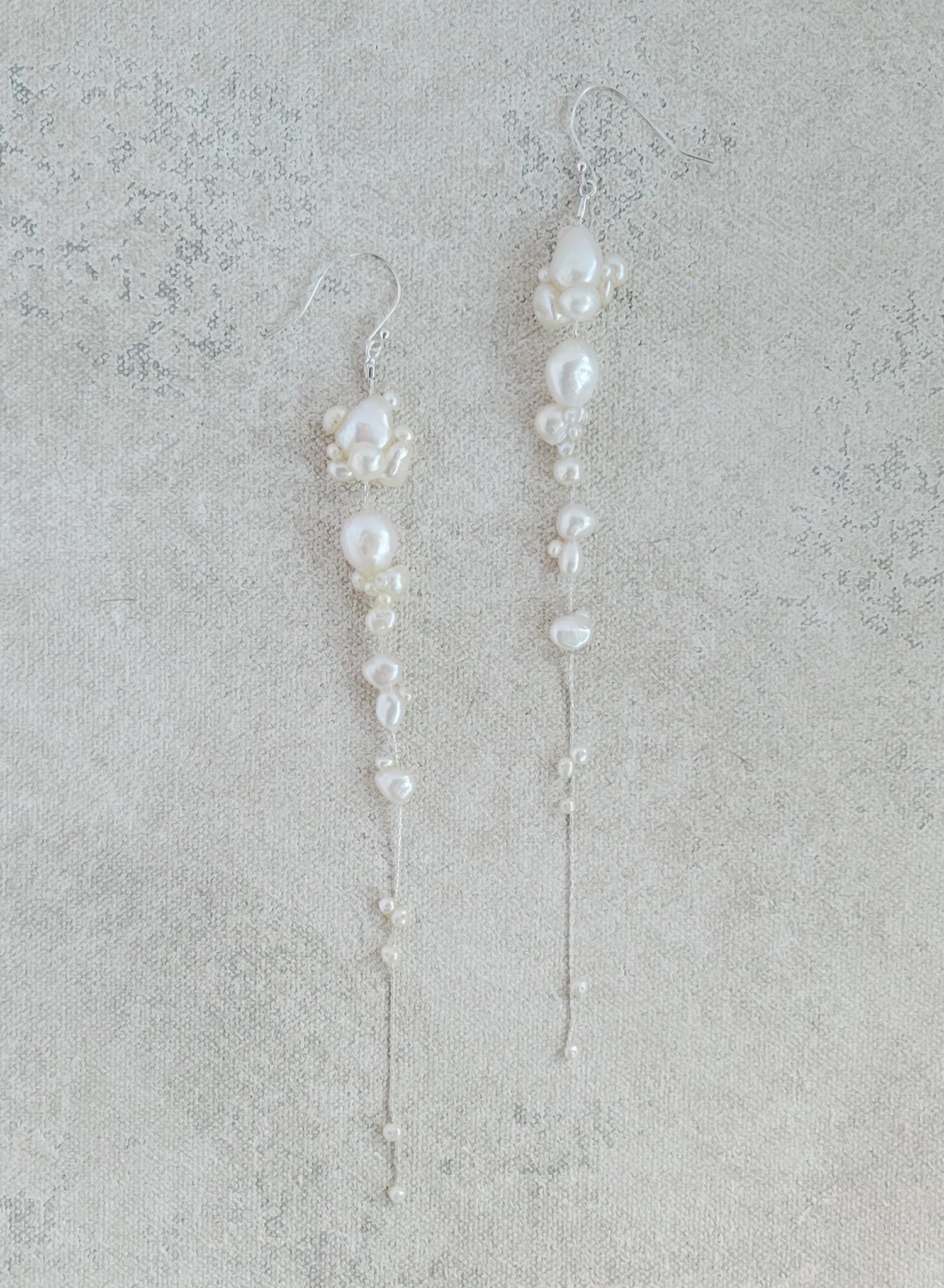 Delicate, pearl tendril bridal earrings, silver. Special occasion long earrings by Twigs and Honey