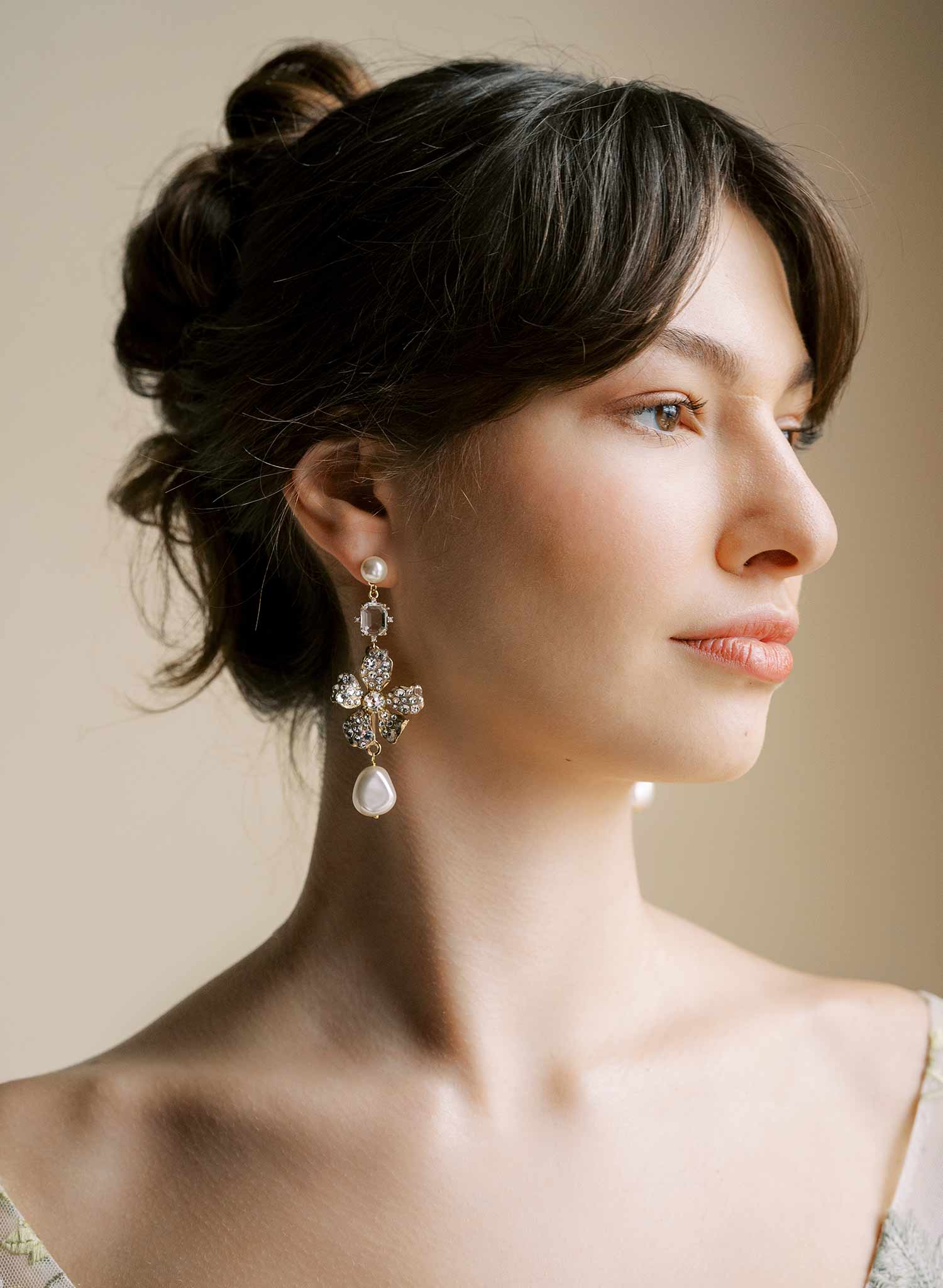 Hand crafted crystal encrusted floral bridal earrings with pearls by Twigs and Honey