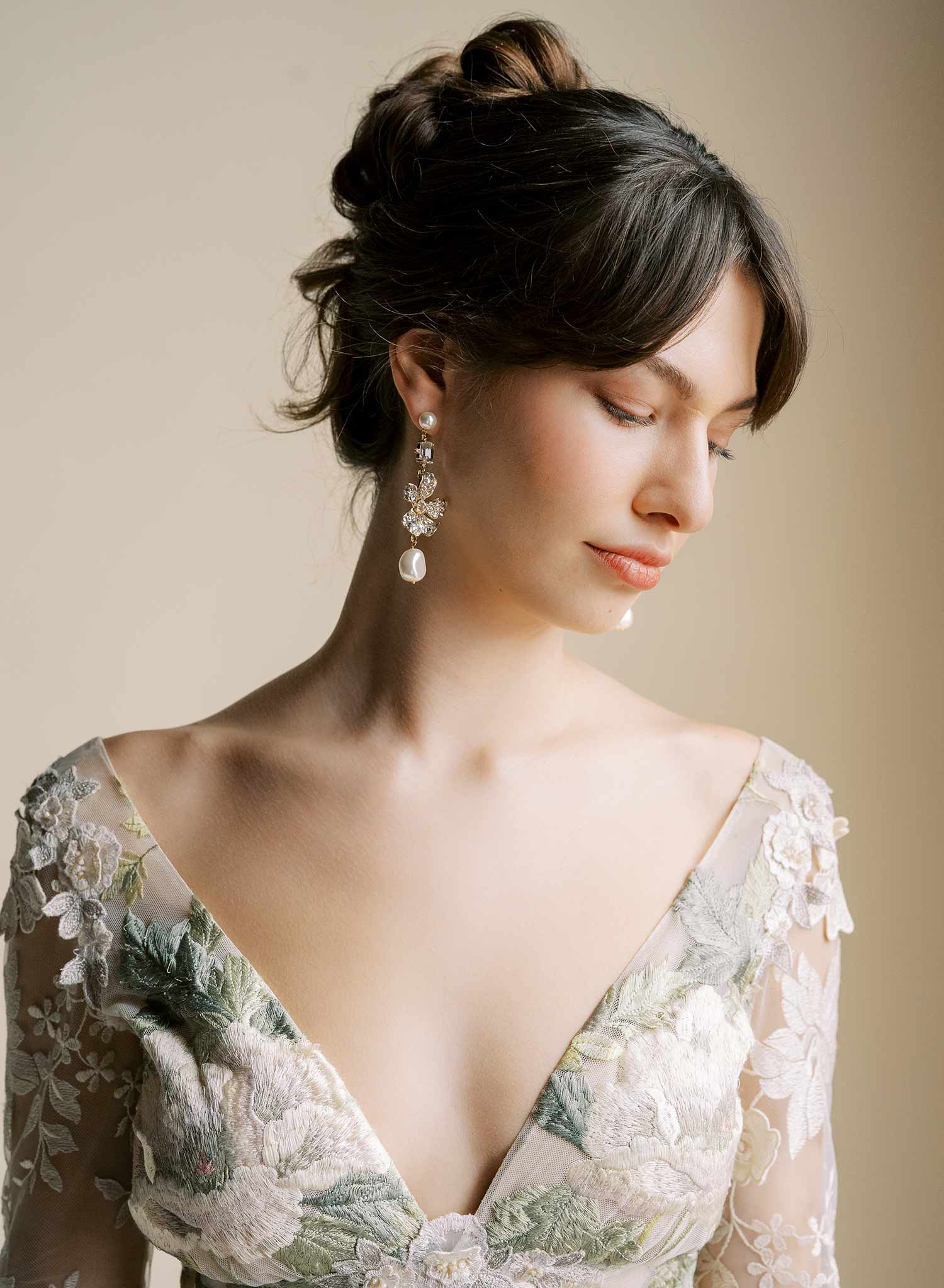 Hand crafted crystal encrusted floral bridal earrings with pearls by Twigs and Honey