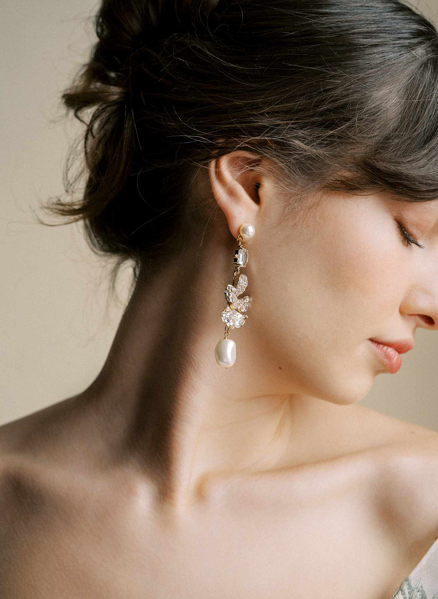 Hand crafted crystal encrusted floral bridal earrings with pearls by Twigs and Honey