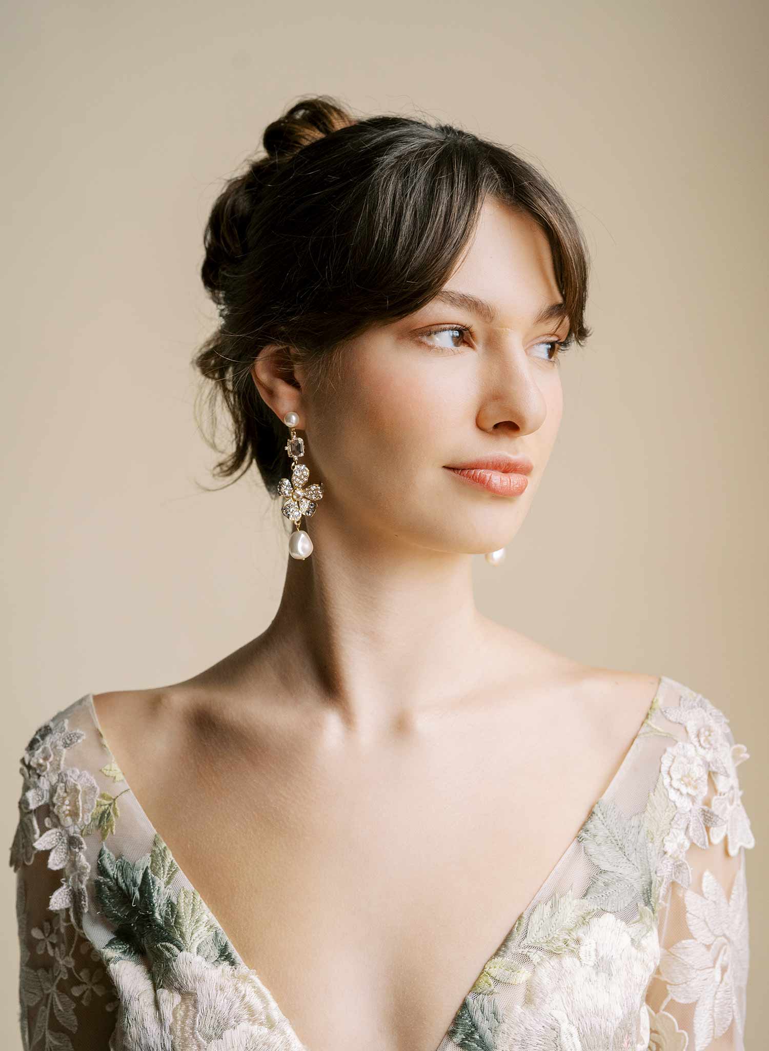 Hand crafted crystal encrusted floral bridal earrings with pearls by Twigs and Honey