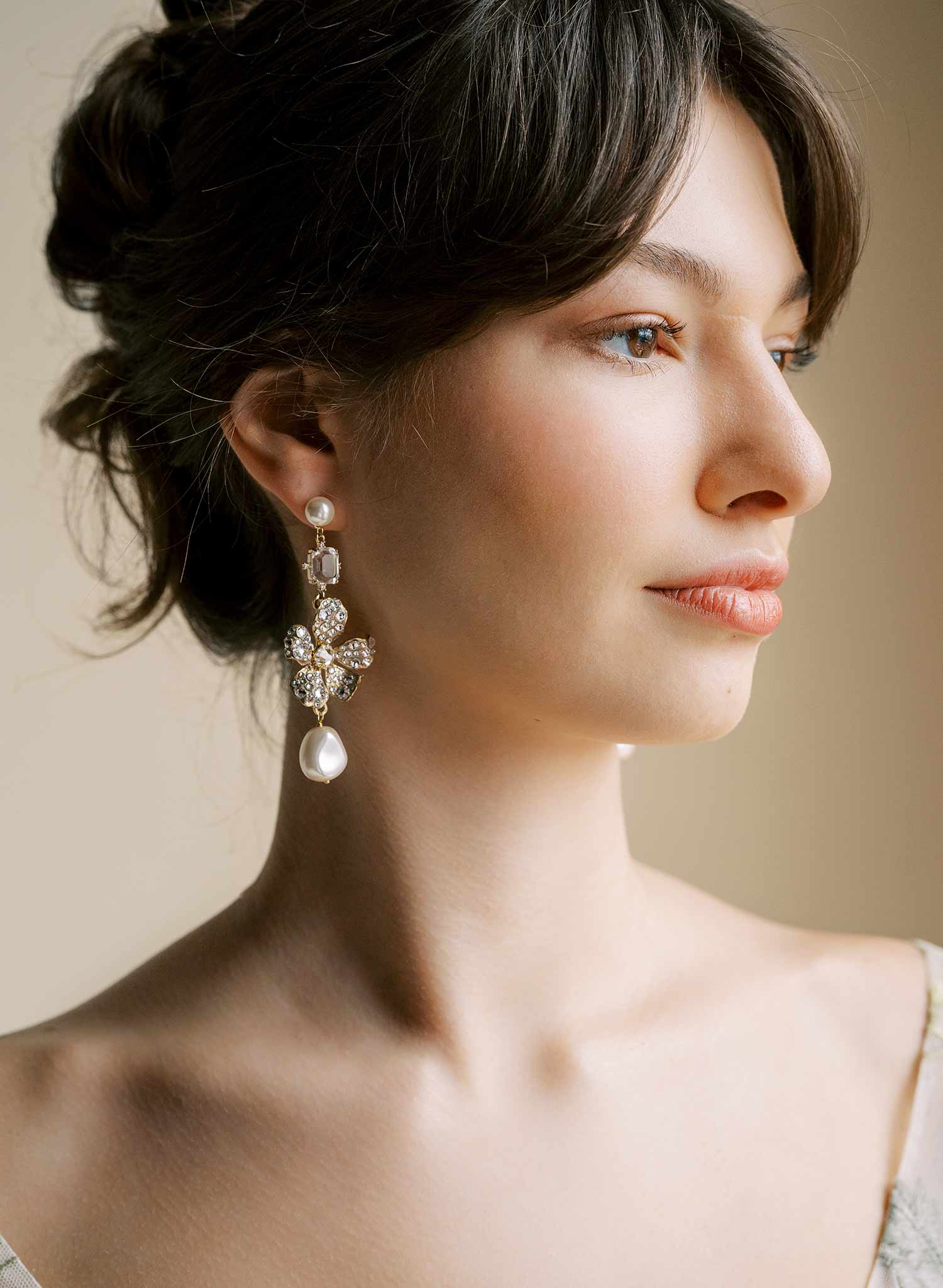 Hand crafted crystal encrusted floral bridal earrings with pearls by Twigs and Honey