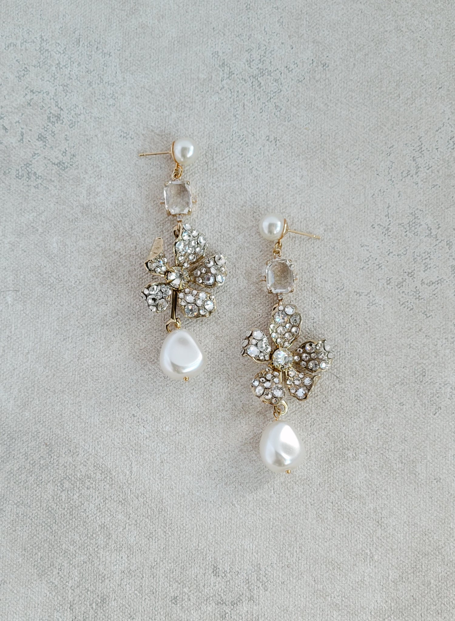 Hand crafted crystal encrusted floral bridal earrings with pearls by Twigs and Honey