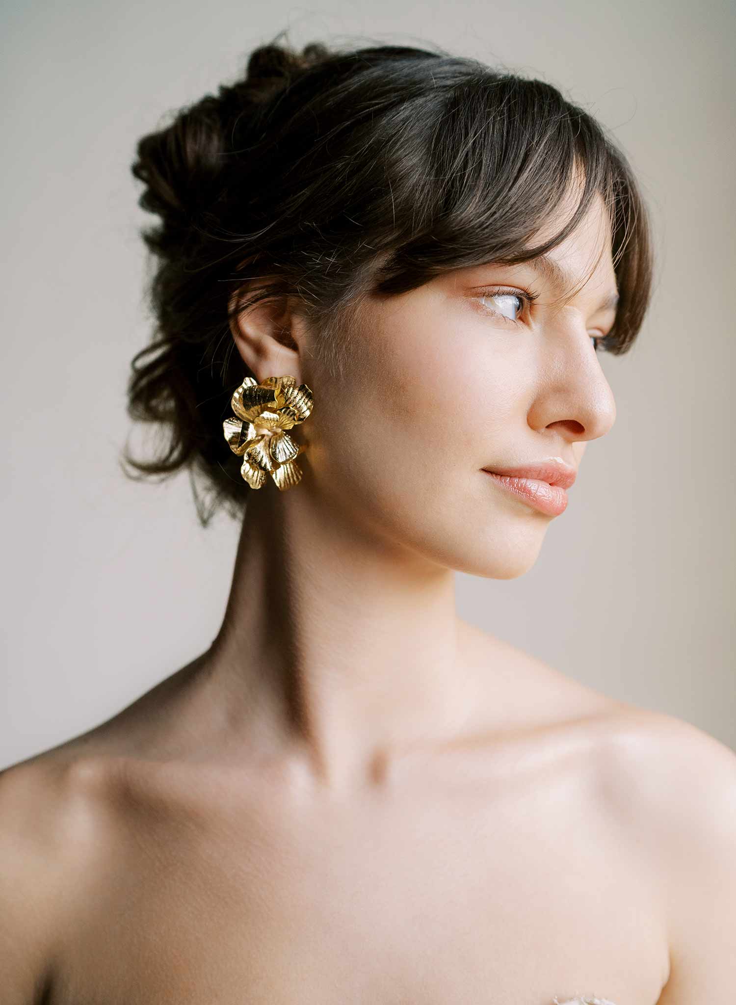 Abstract bent petal bridal earrings in gold. Post back. By Twigs and Honey