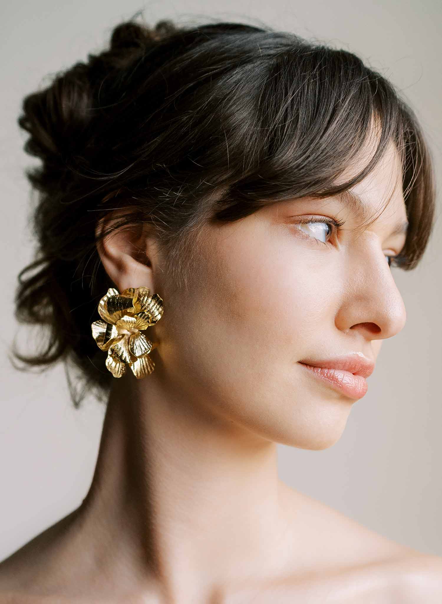 Abstract bent petal bridal earrings in gold. Post back. By Twigs and Honey