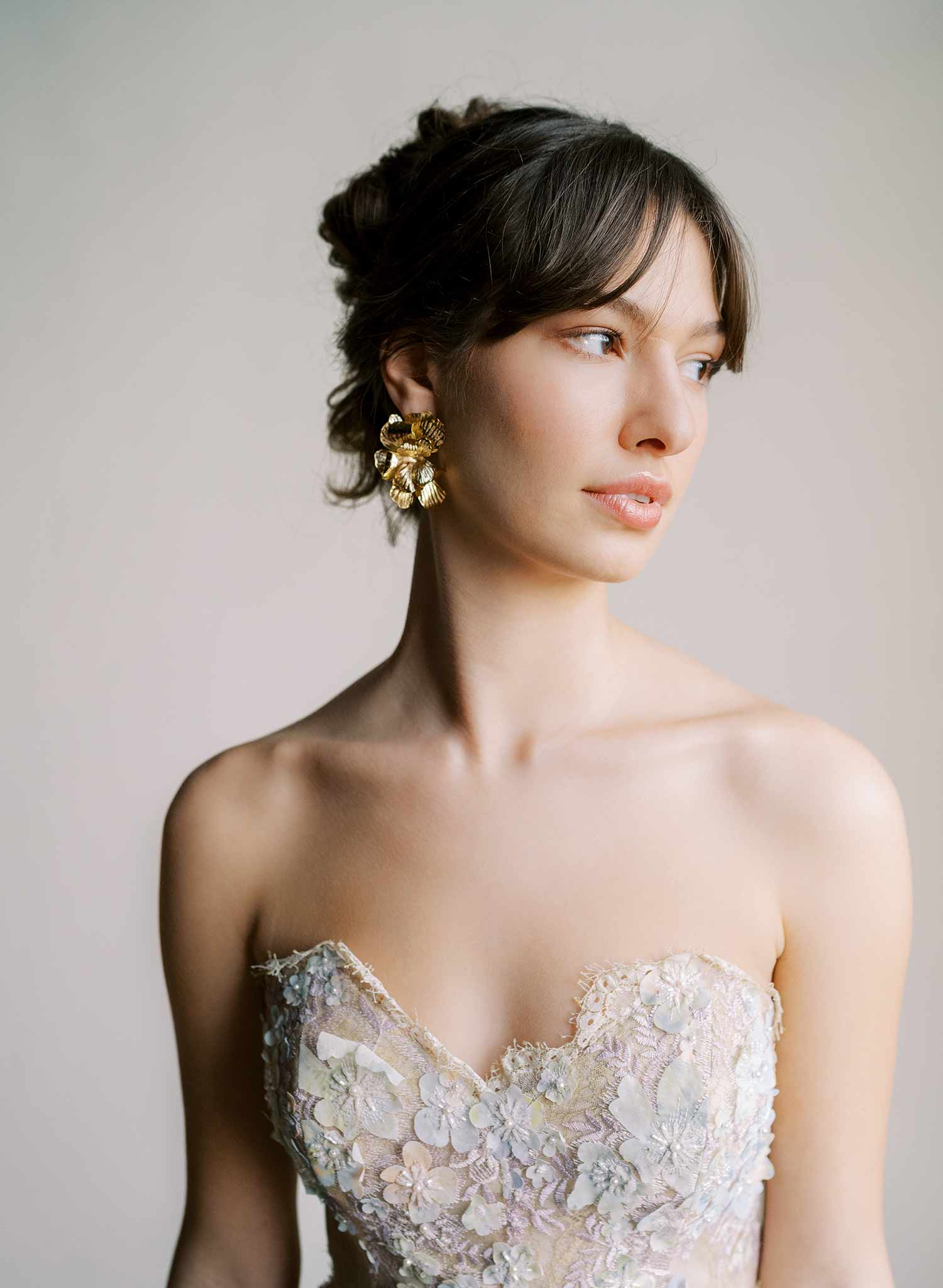 Abstract bent petal bridal earrings in gold. Post back. By Twigs and Honey