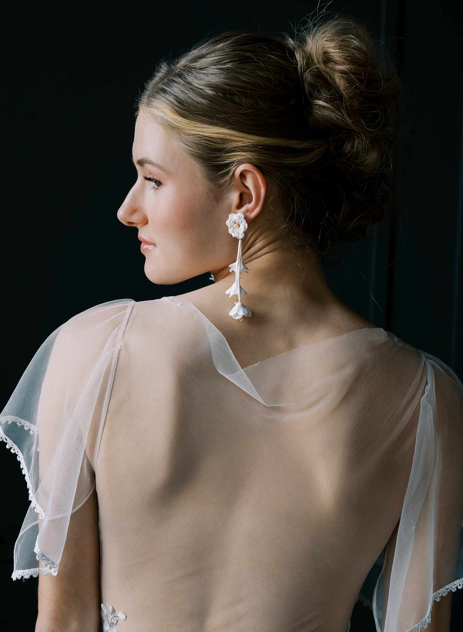 bridal earrings with hand sculpted flowers, white post back, by Twigs & Honey. 