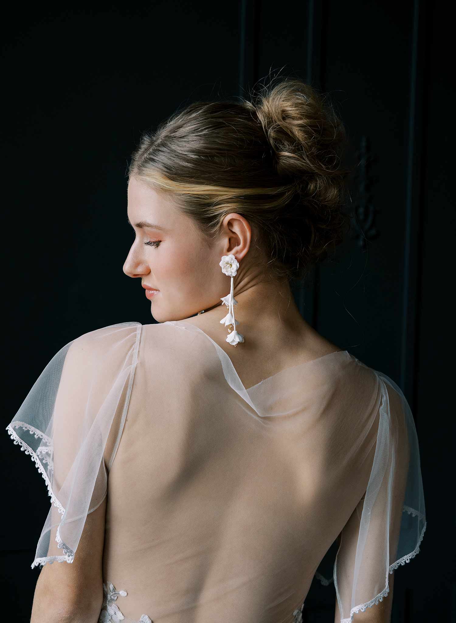 bridal earrings with hand sculpted flowers, white post back, by Twigs & Honey. 