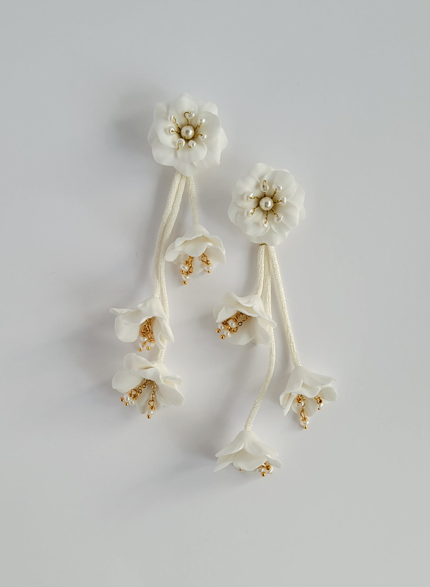 bridal earrings with hand sculpted flowers, white post back, by Twigs & Honey. 