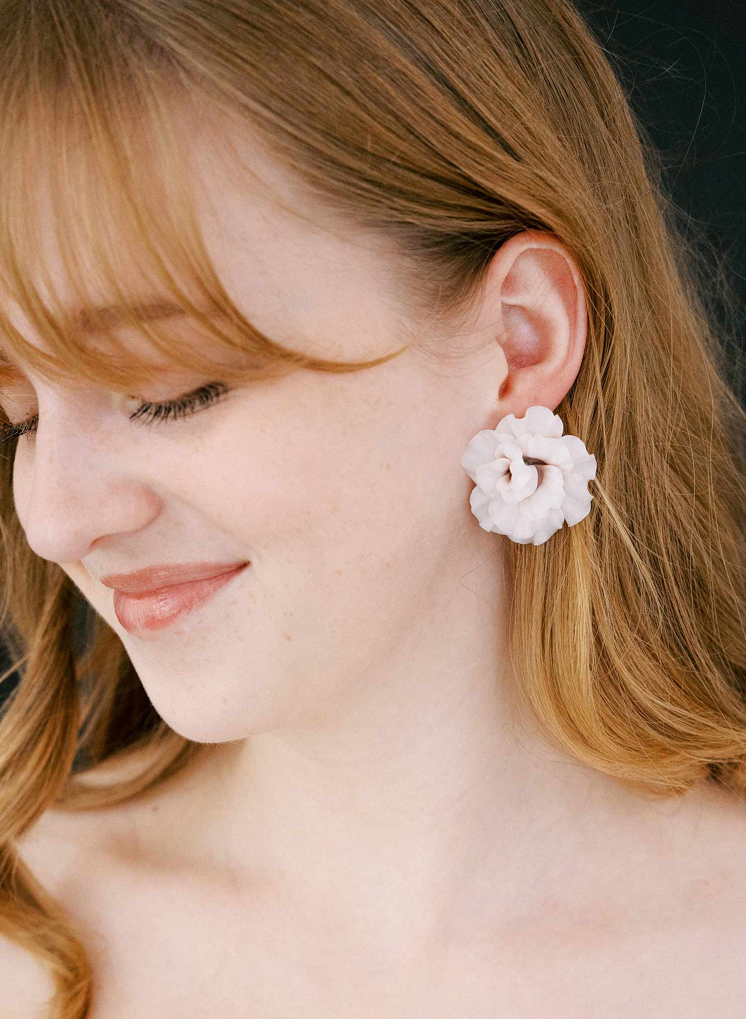 Wedding peony clay earrings by Twigs and Honey. Post back.