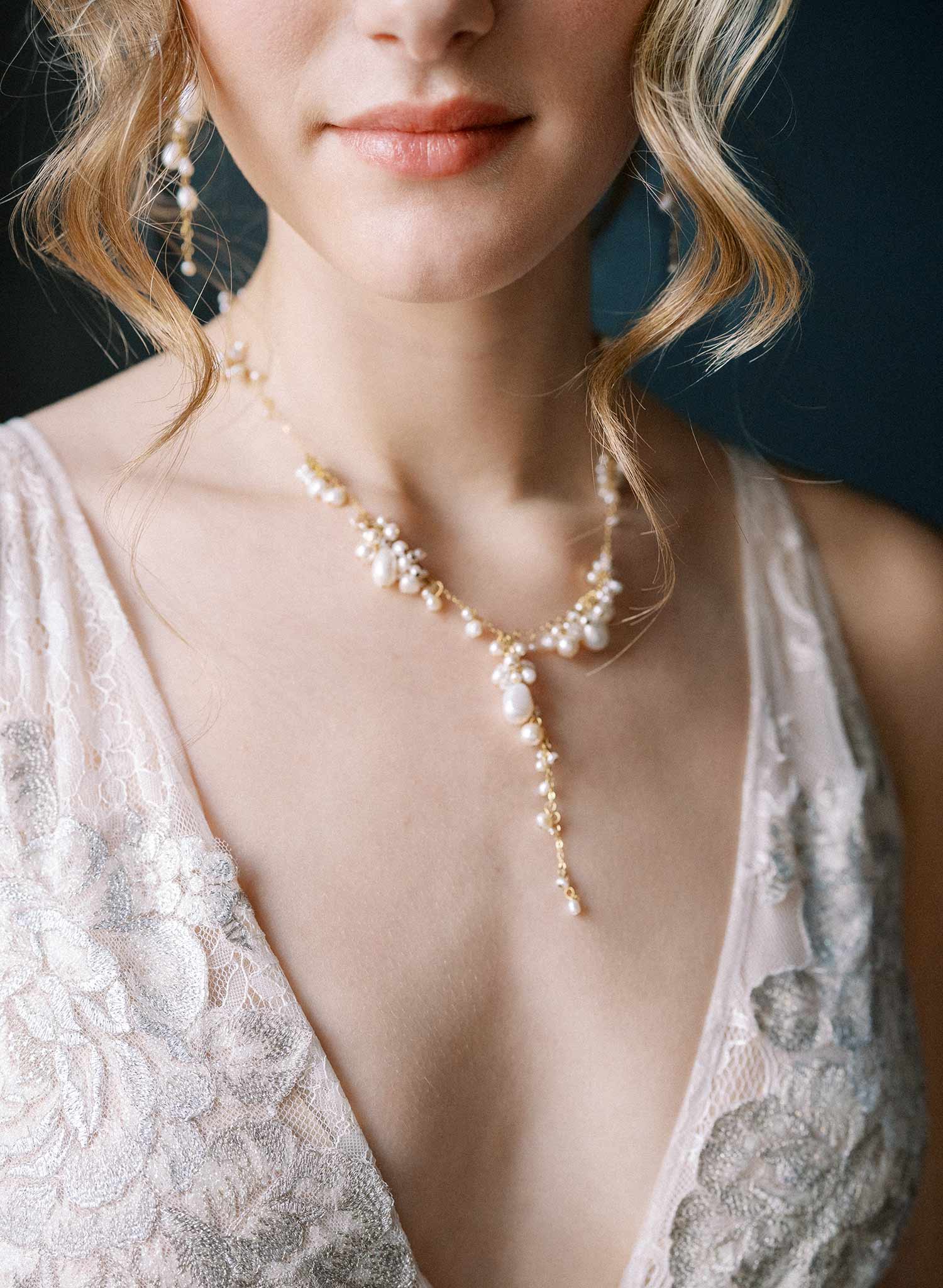 Freshwater pearl bridal necklace, clustered and dangling pearls on a gold chain by Twigs and Honey