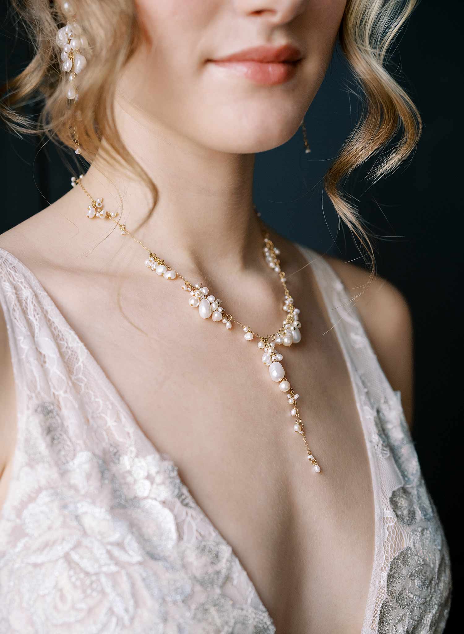 Freshwater pearl bridal necklace, clustered and dangling pearls on a gold chain by Twigs and Honey