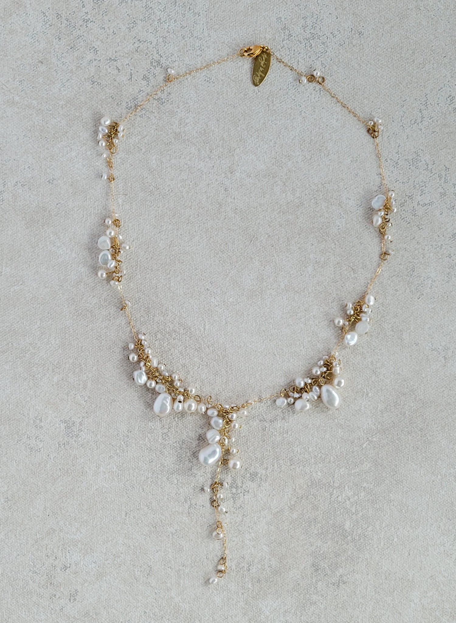 Freshwater pearl bridal necklace, clustered and dangling pearls on a gold chain by Twigs and Honey