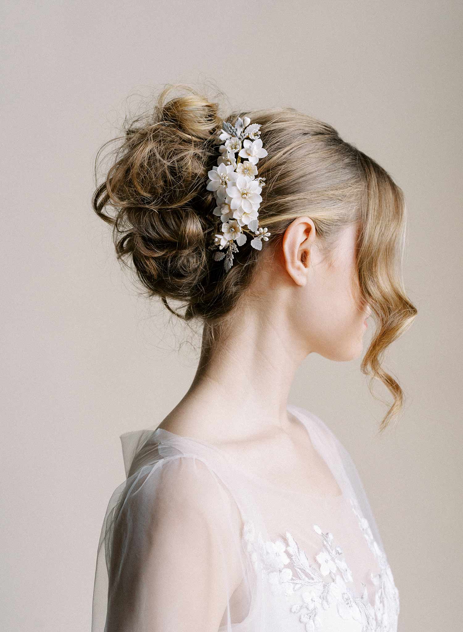 Intricate bridal hair comb with handmade clay flowers, freshwater pearls, Austrian crystals and leaves. By Twigs & Honey