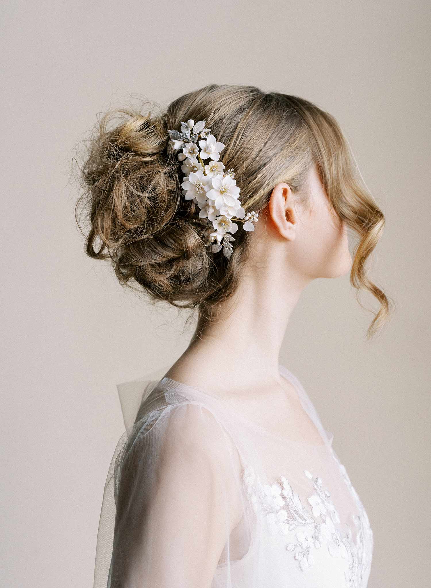 Intricate bridal hair comb with handmade clay flowers, freshwater pearls, Austrian crystals and leaves. By Twigs & Honey