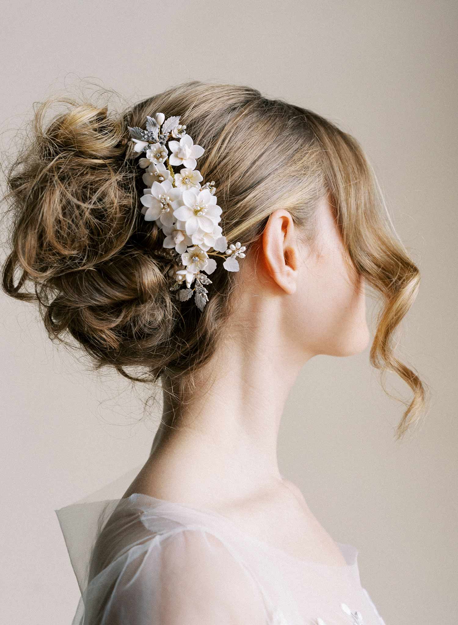 Intricate bridal hair comb with handmade clay flowers, freshwater pearls, Austrian crystals and leaves. By Twigs & Honey