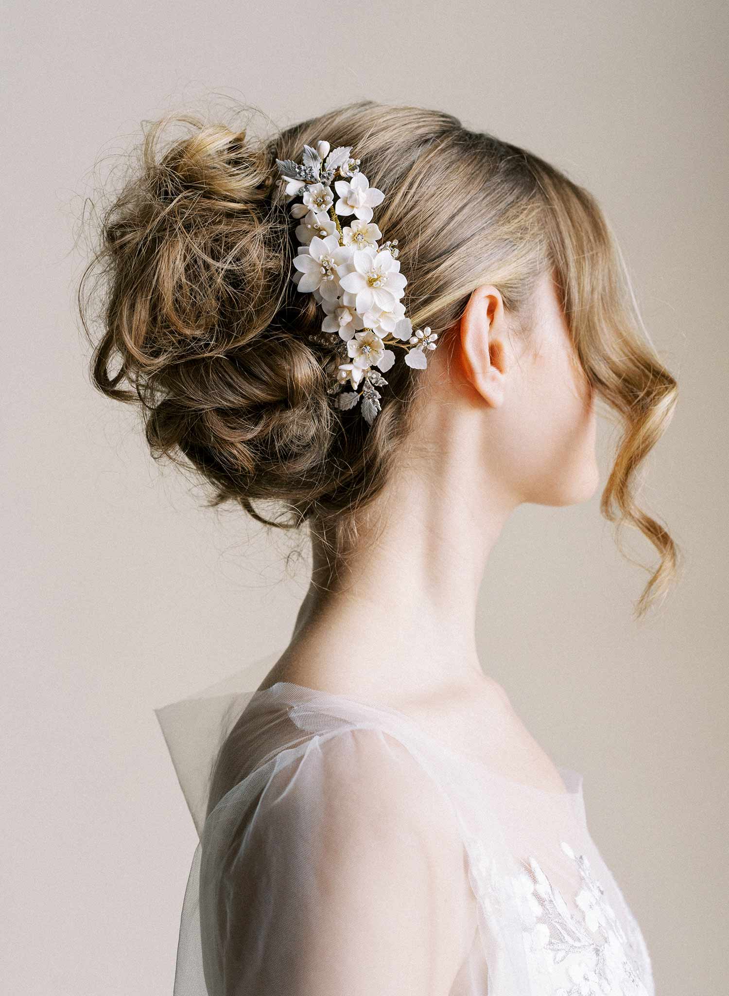 Intricate bridal hair comb with handmade clay flowers, freshwater pearls, Austrian crystals and leaves. By Twigs & Honey