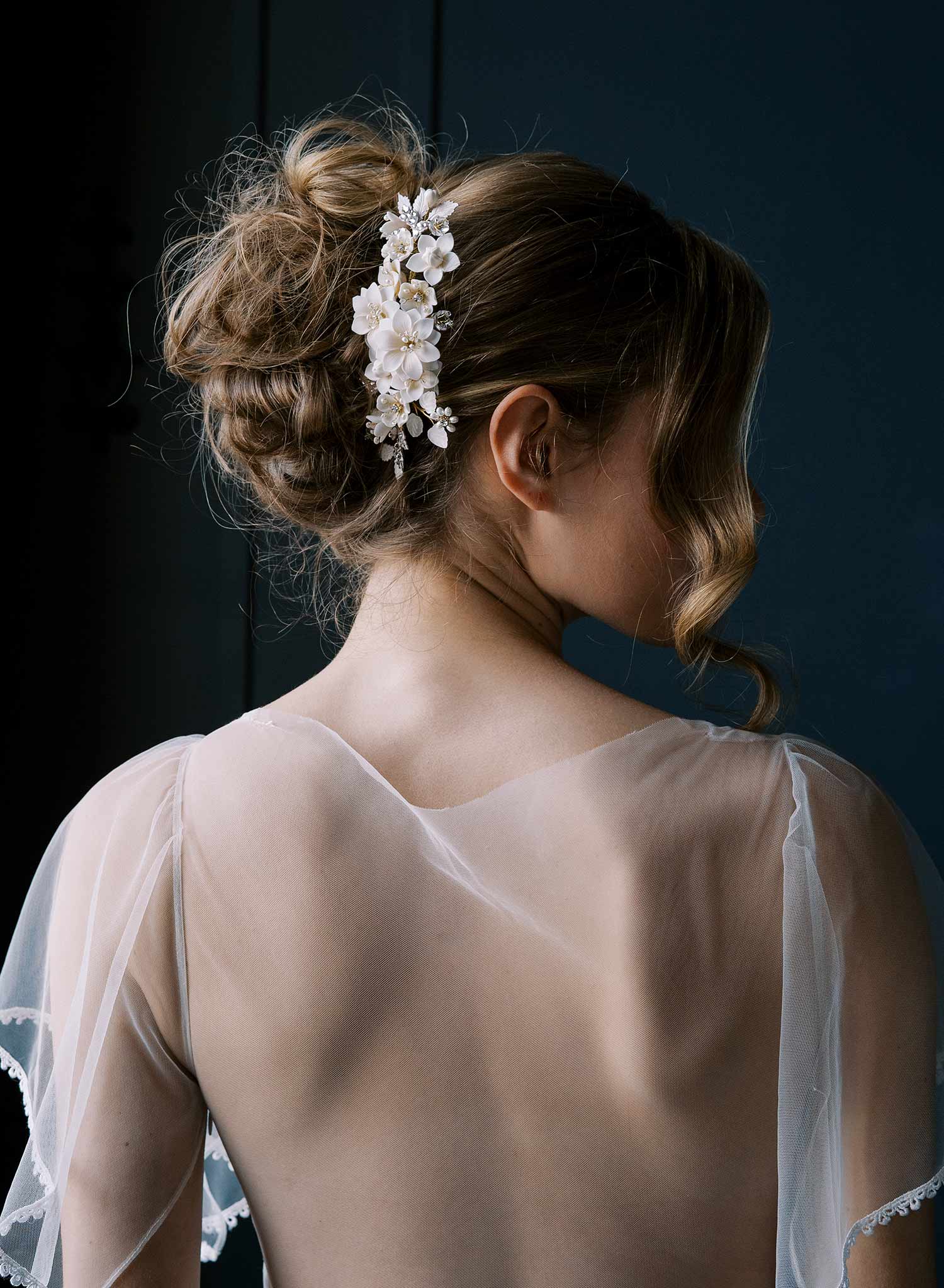 Intricate bridal hair comb with handmade clay flowers, freshwater pearls, Austrian crystals and leaves. By Twigs & Honey