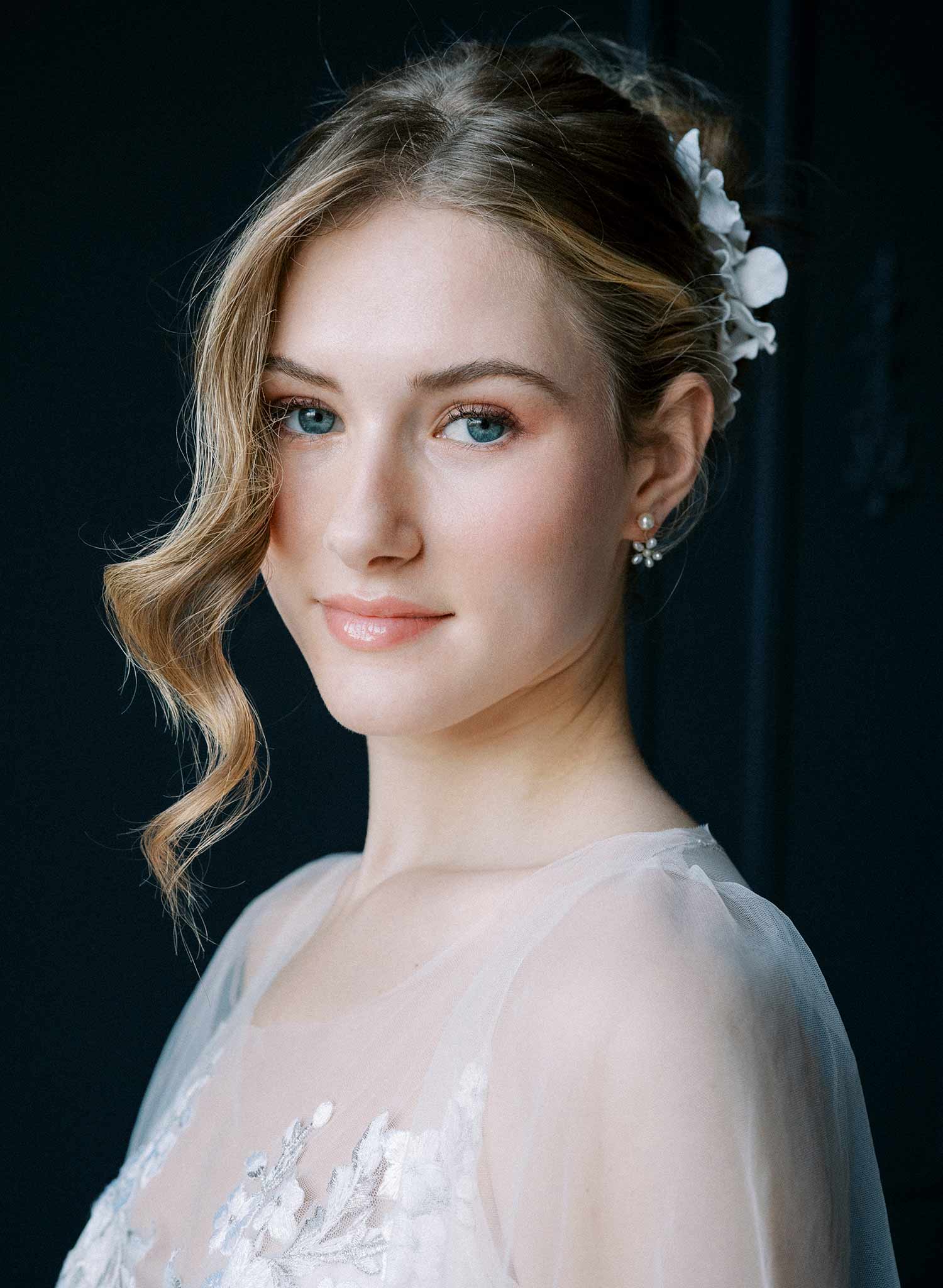 Hand sculpted bridal flower hair comb, clean matte finish with pearl centers by Twigs & Honey