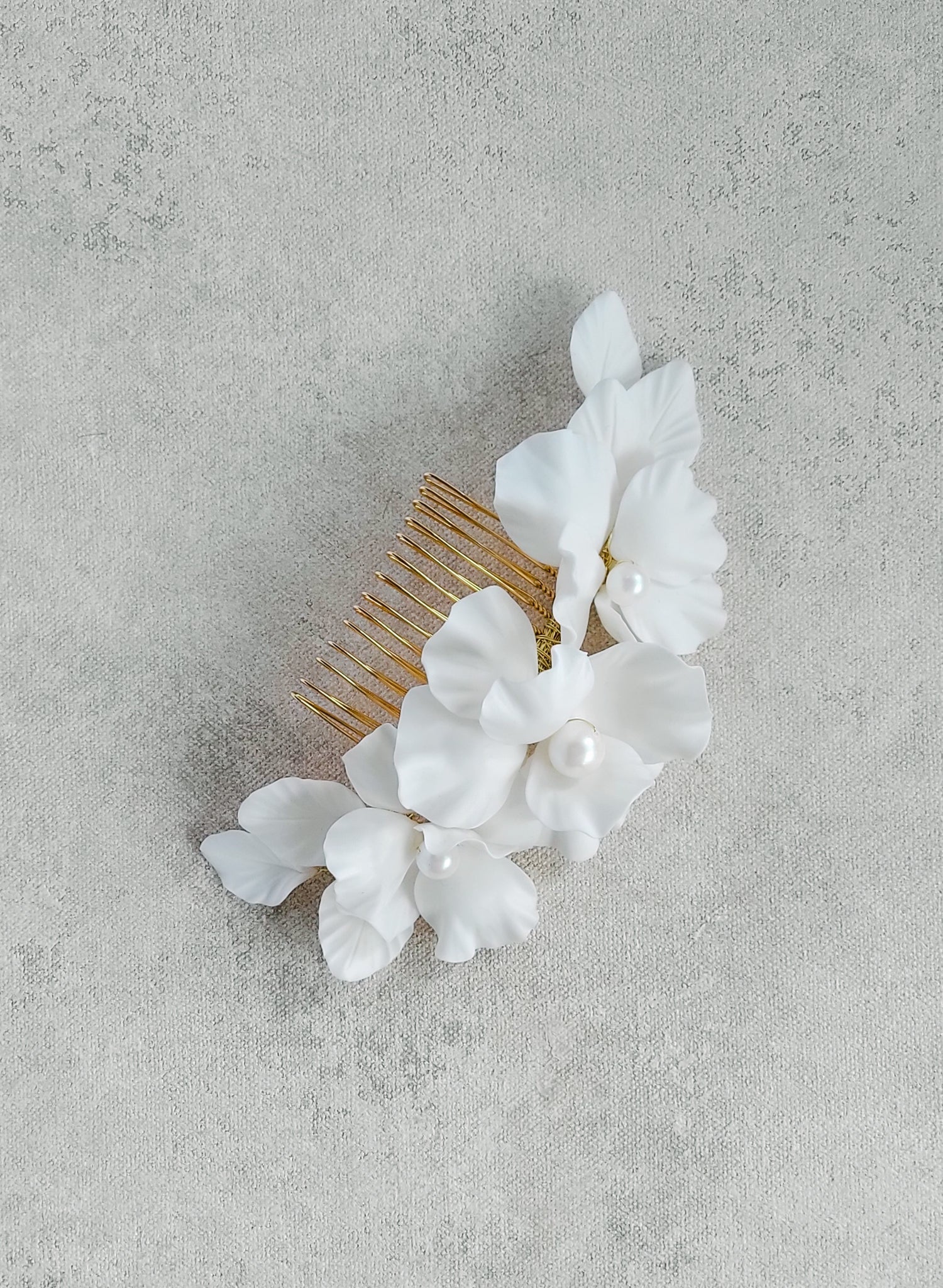 Hand sculpted bridal flower hair comb, clean matte finish with pearl centers by Twigs & Honey