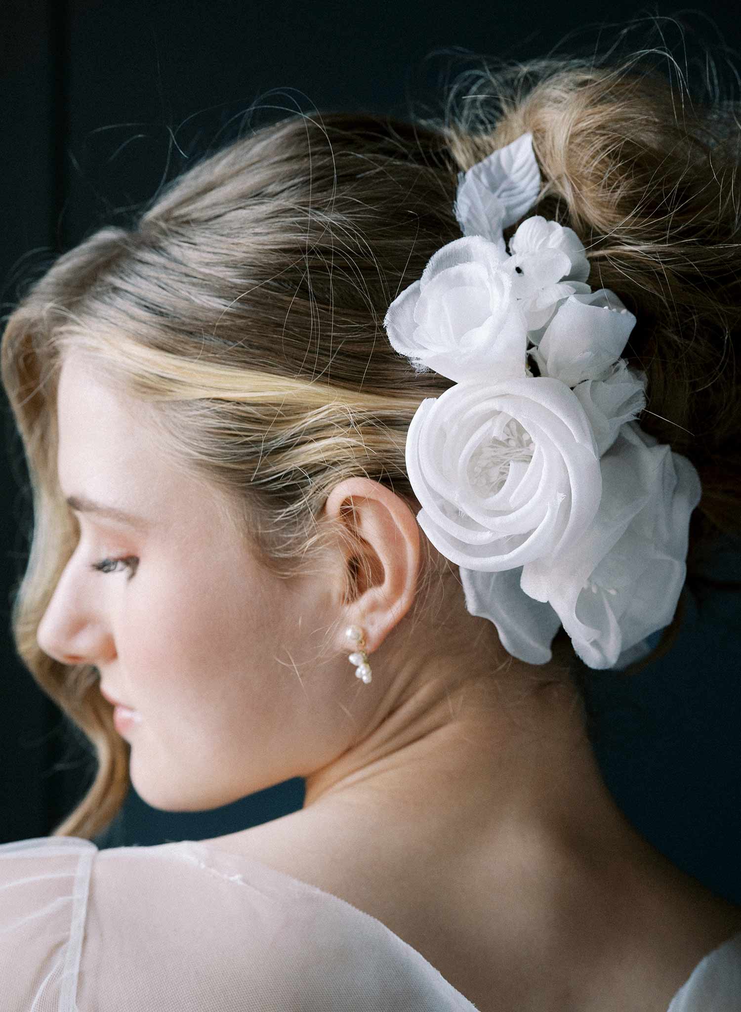 Wedding bridal hair comb with silk rosette flowers by Twigs and Honey