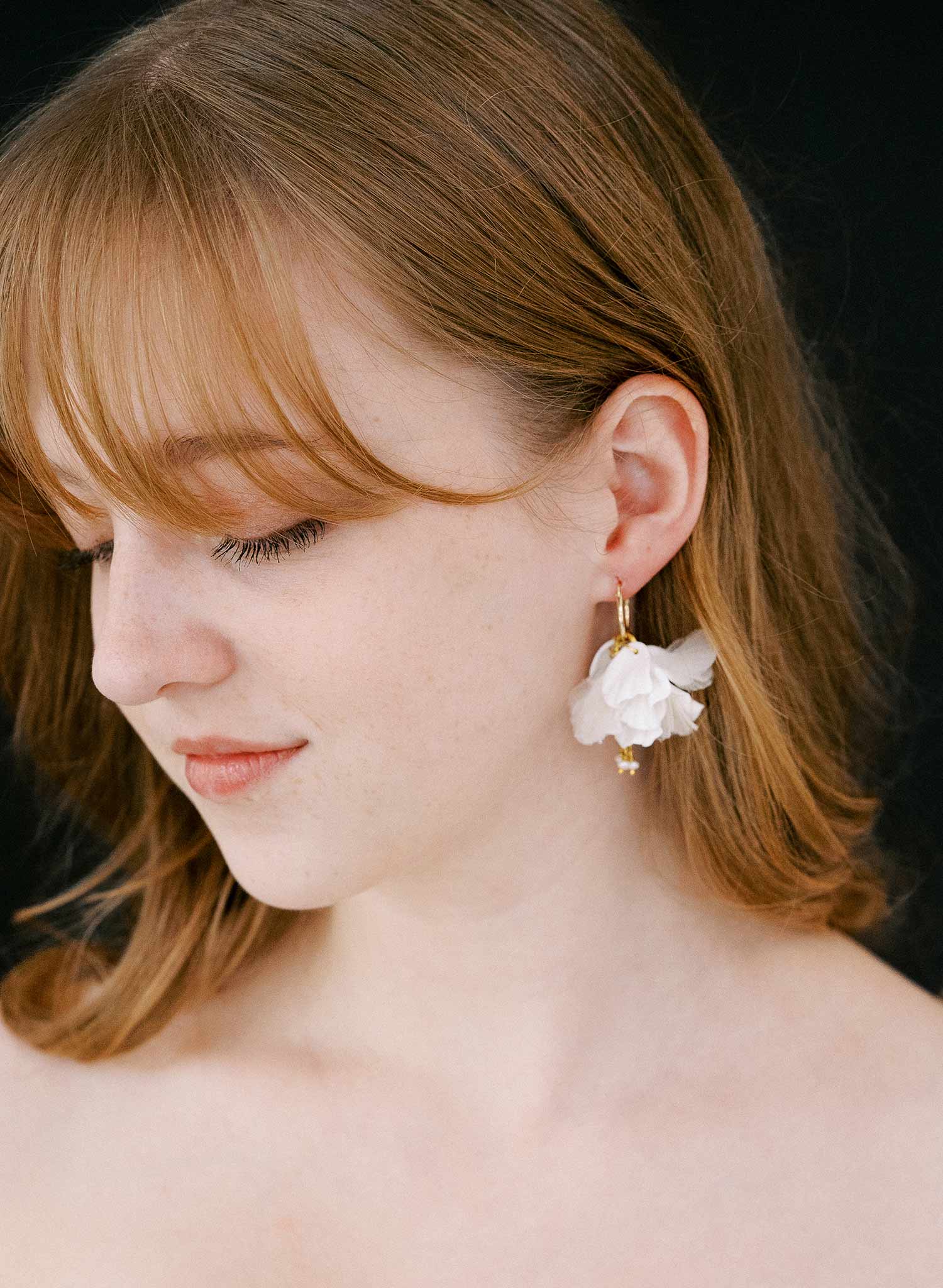 Hand sculpted clay flower petal earrings with silk and freshwater pearls by Twigs & Honey