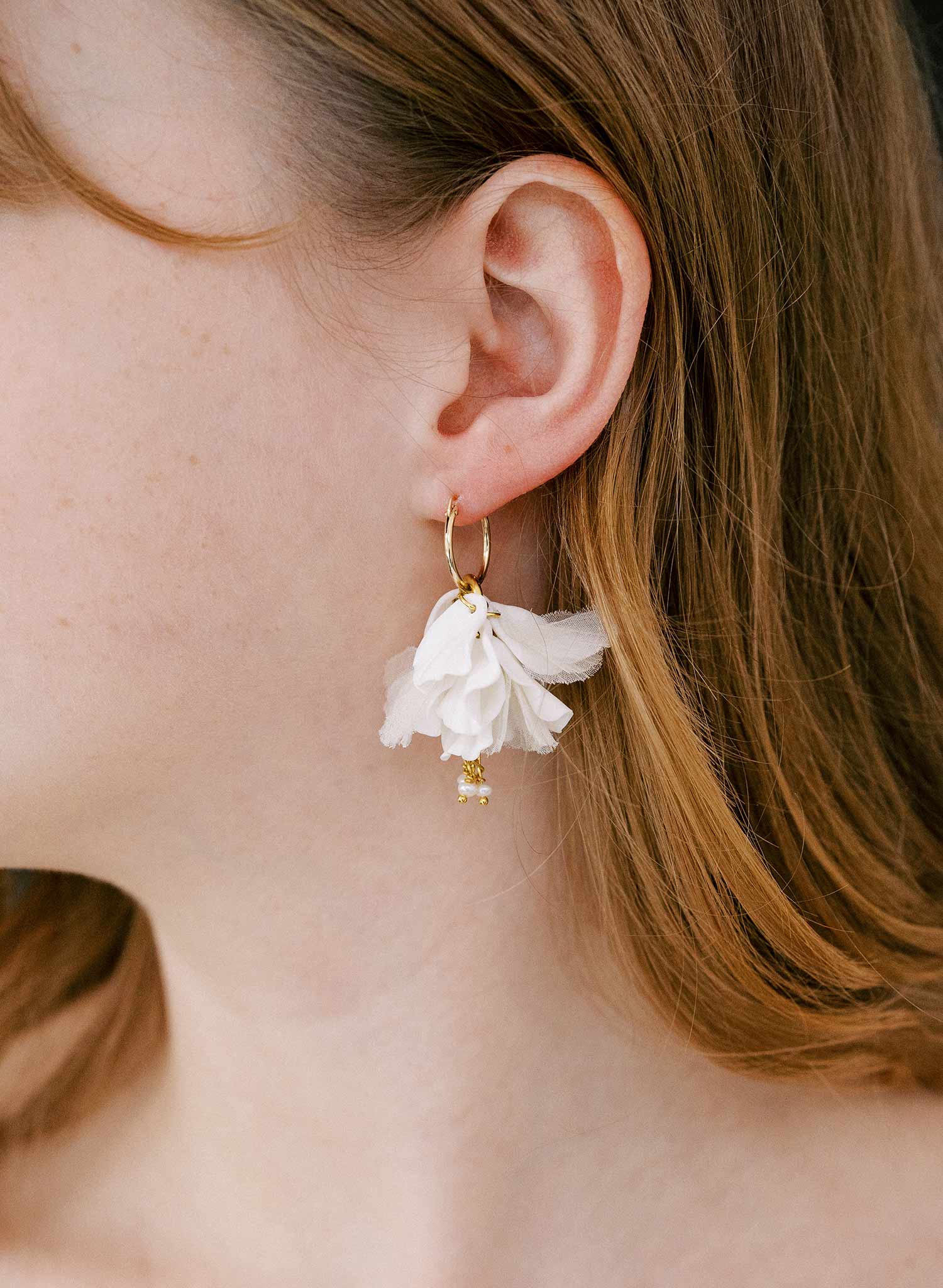 Hand sculpted clay flower petal earrings with silk and freshwater pearls by Twigs & Honey