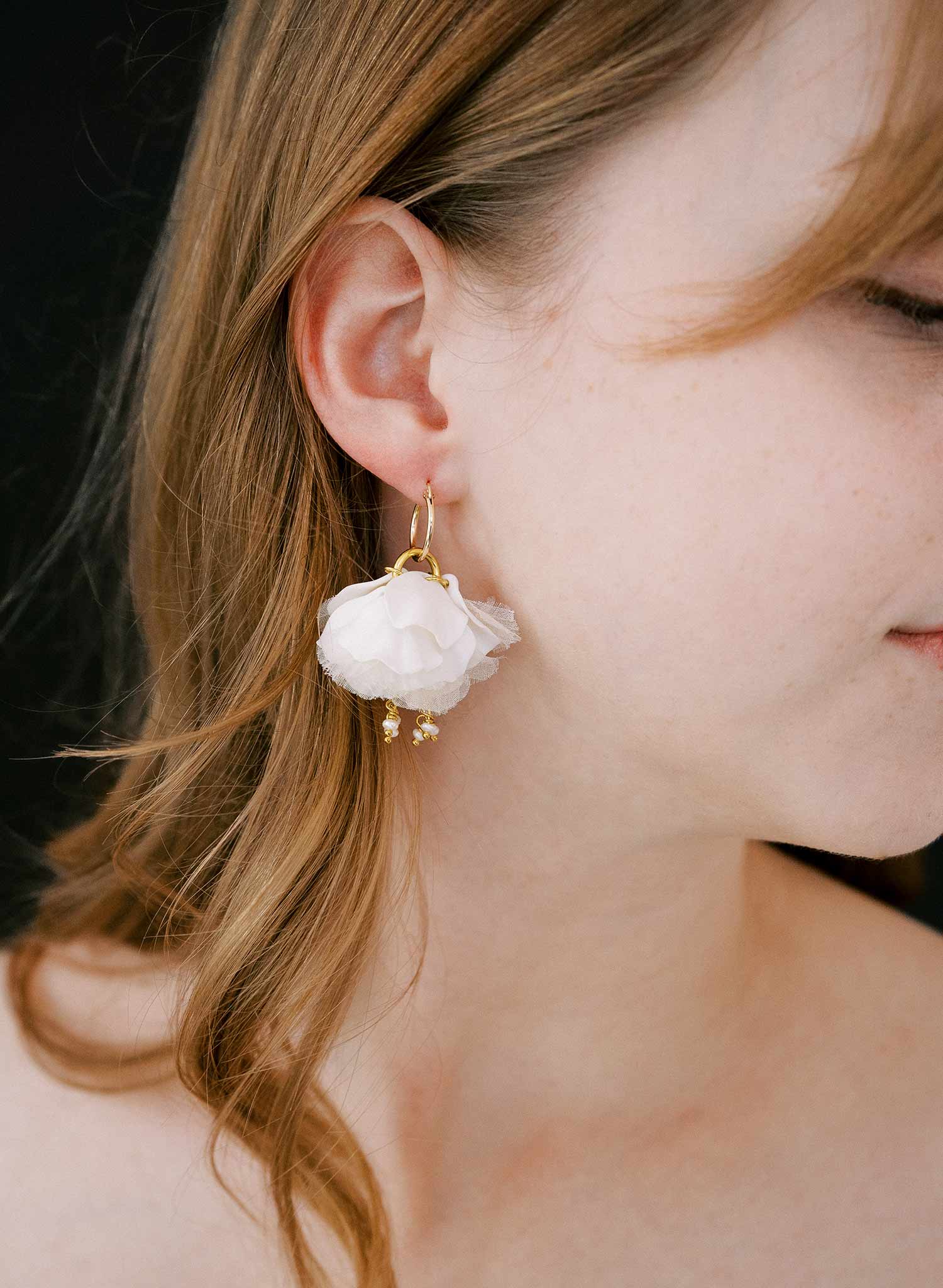 Hand sculpted clay flower petal earrings with silk and freshwater pearls by Twigs & Honey