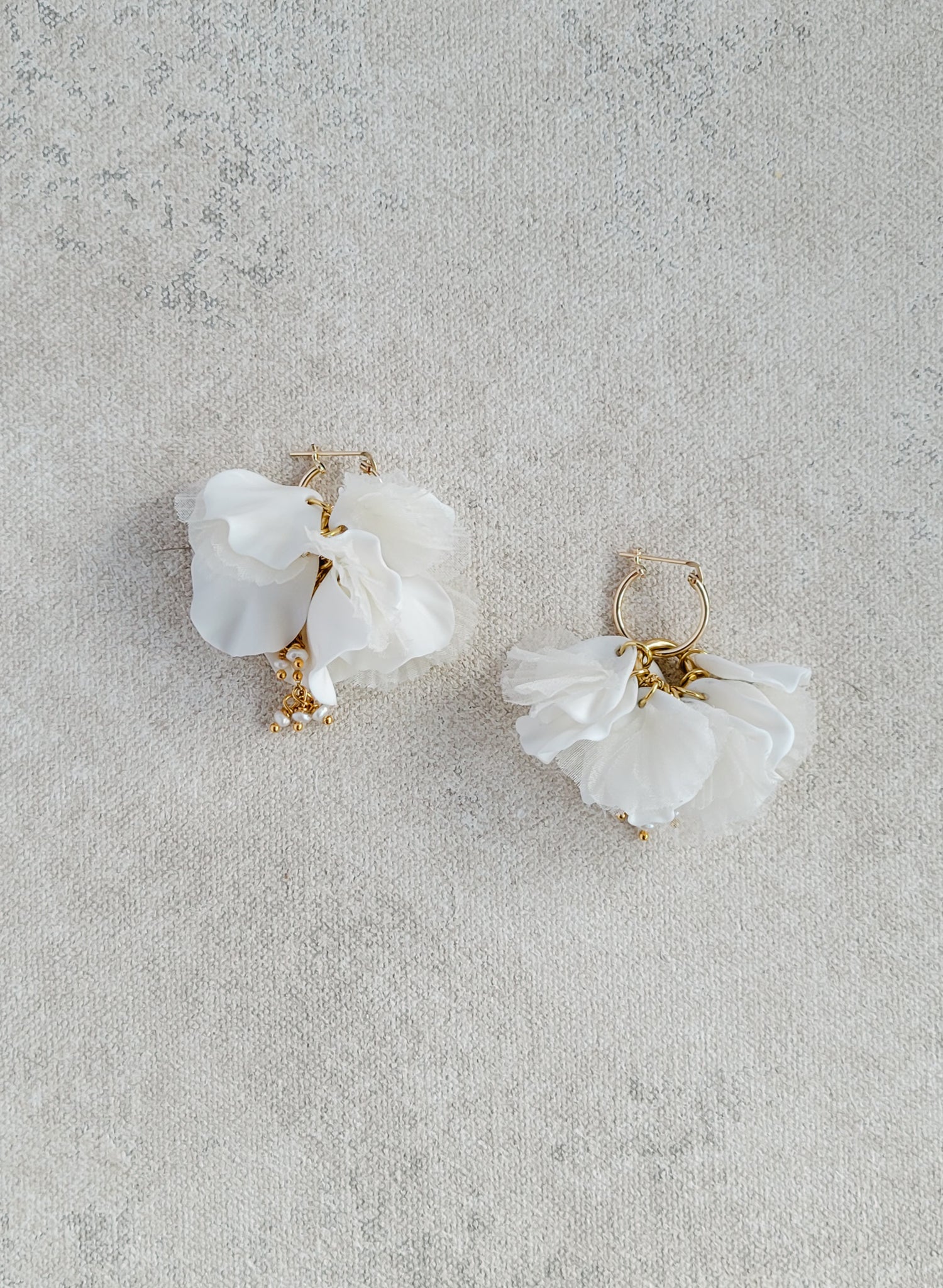 Hand sculpted clay flower petal earrings with silk and freshwater pearls by Twigs & Honey