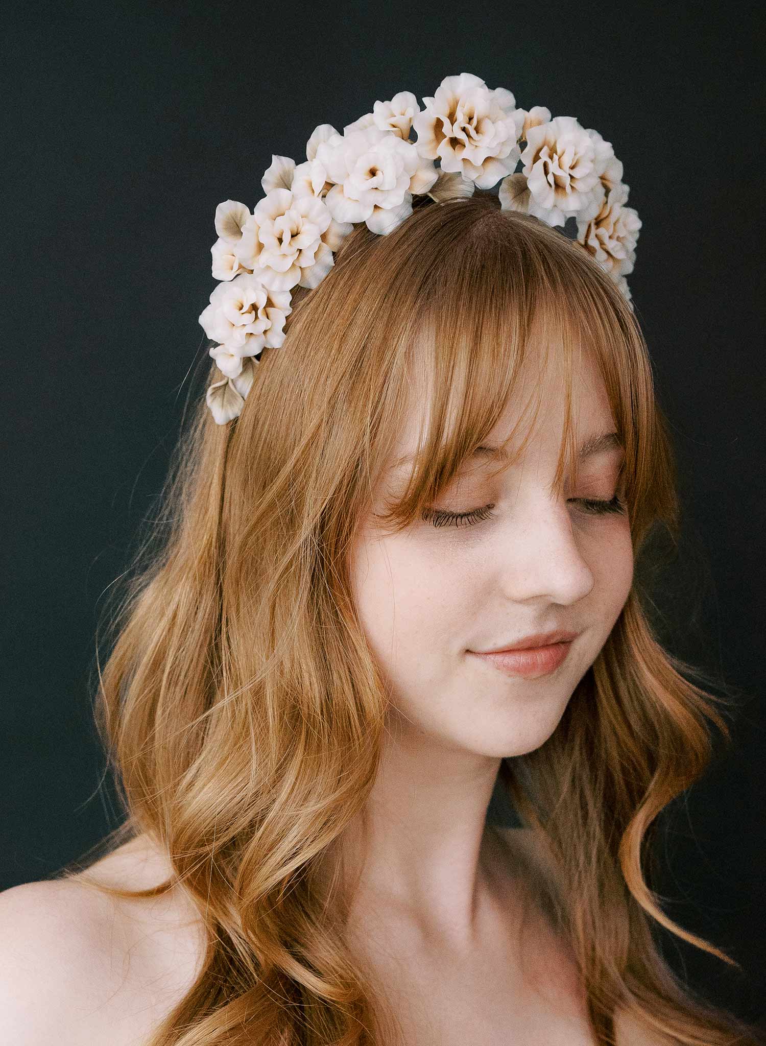 Hand sculpted blush bridal peony flowers on a tiara crown, headband. By Twigs and Honey