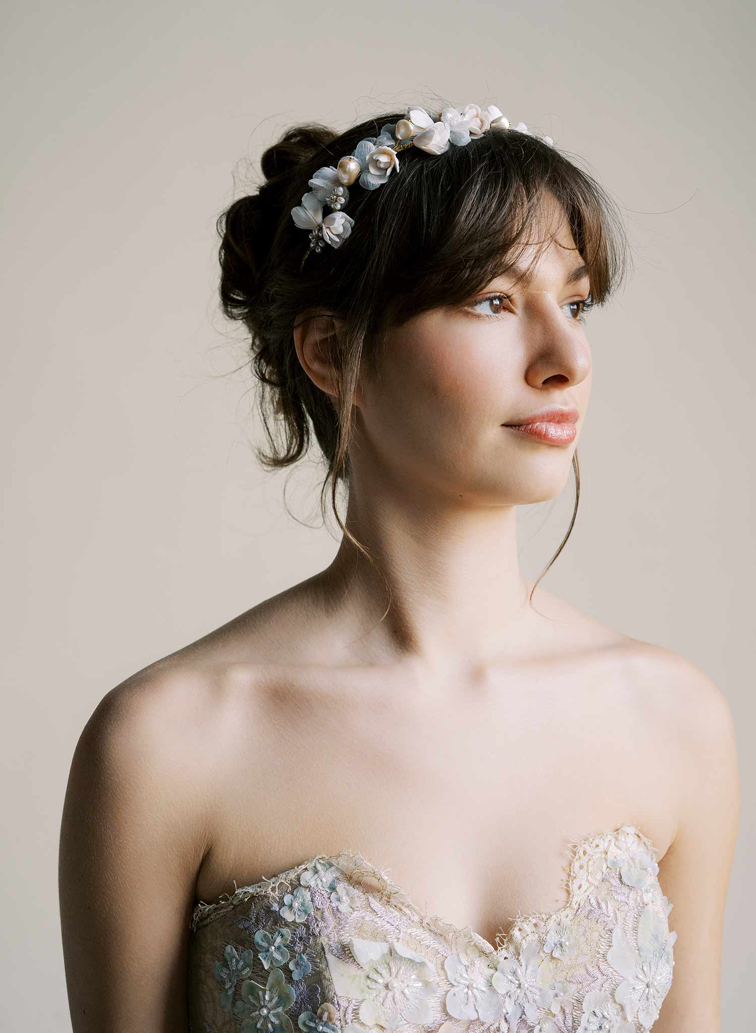 Bridal hair vine with hand sculpted clay magnolia flowers and silk petals by Twigs and Honey