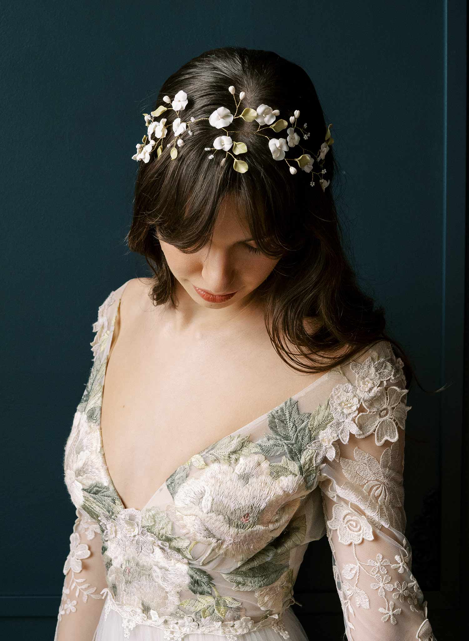 Whimsical clay flower bridal hair vine, hair accessory for weddings by Twigs and Honey