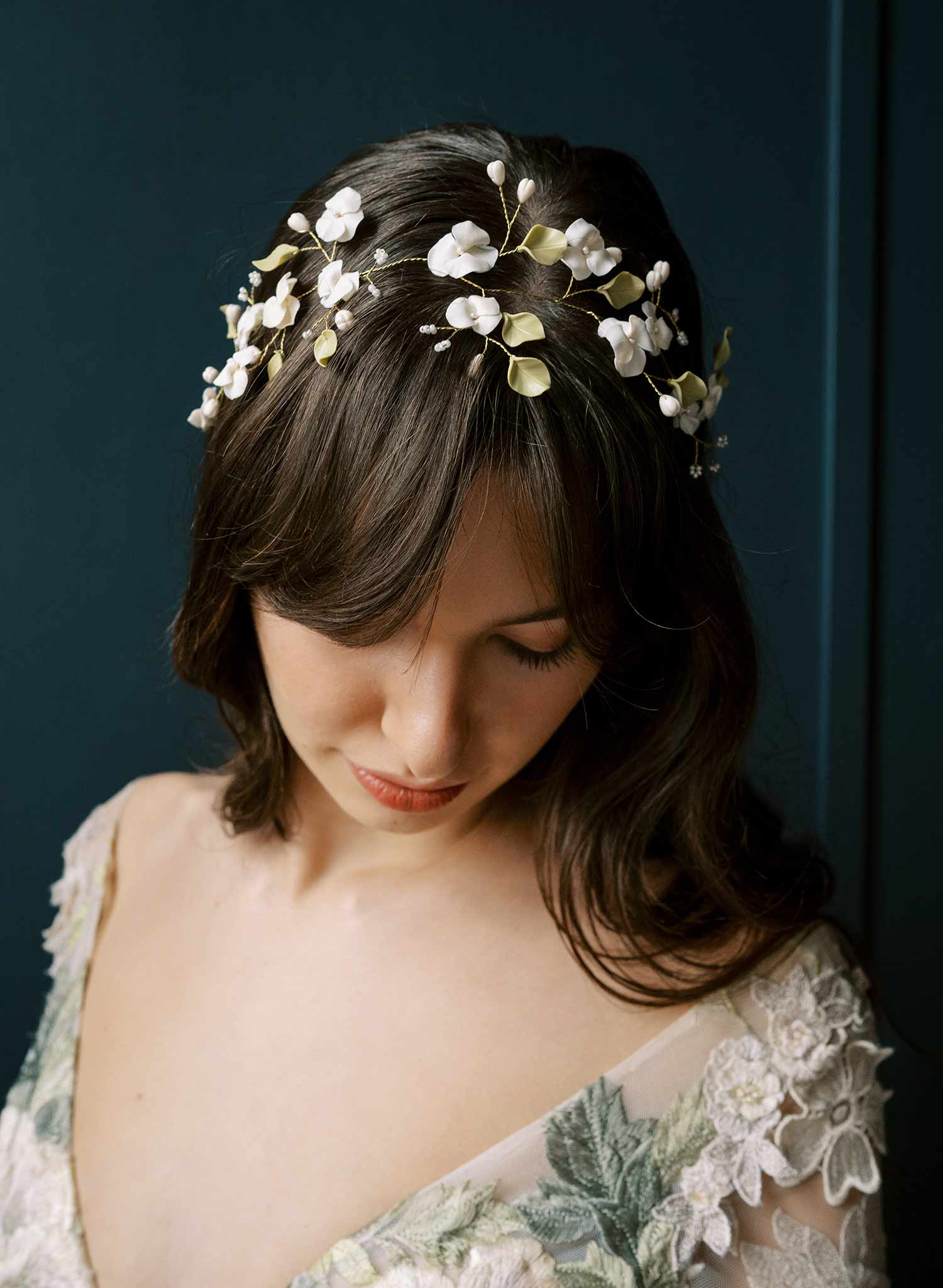 Whimsical clay flower bridal hair vine, hair accessory for weddings by Twigs and Honey