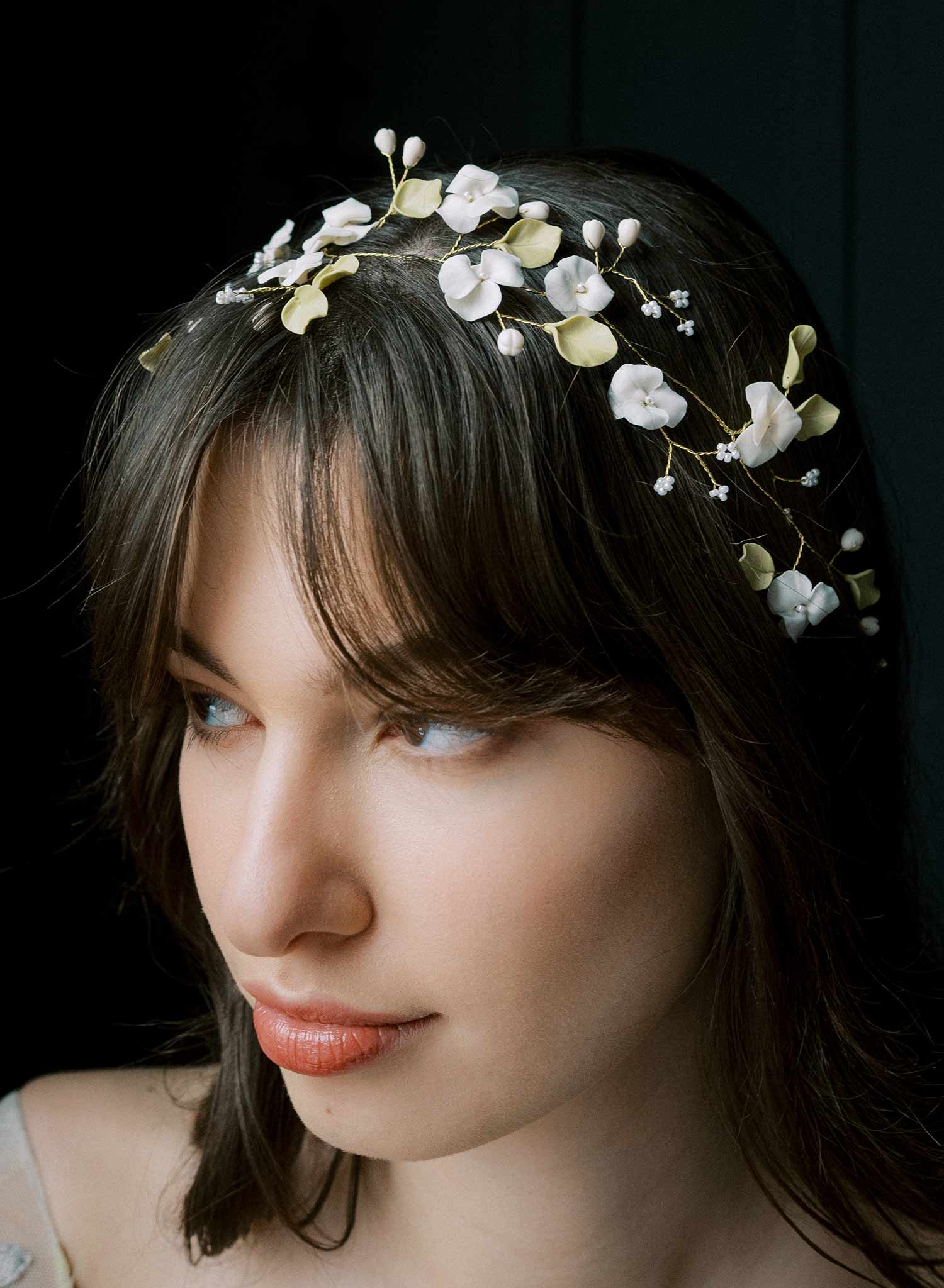 Whimsical clay flower bridal hair vine, hair accessory for weddings by Twigs and Honey