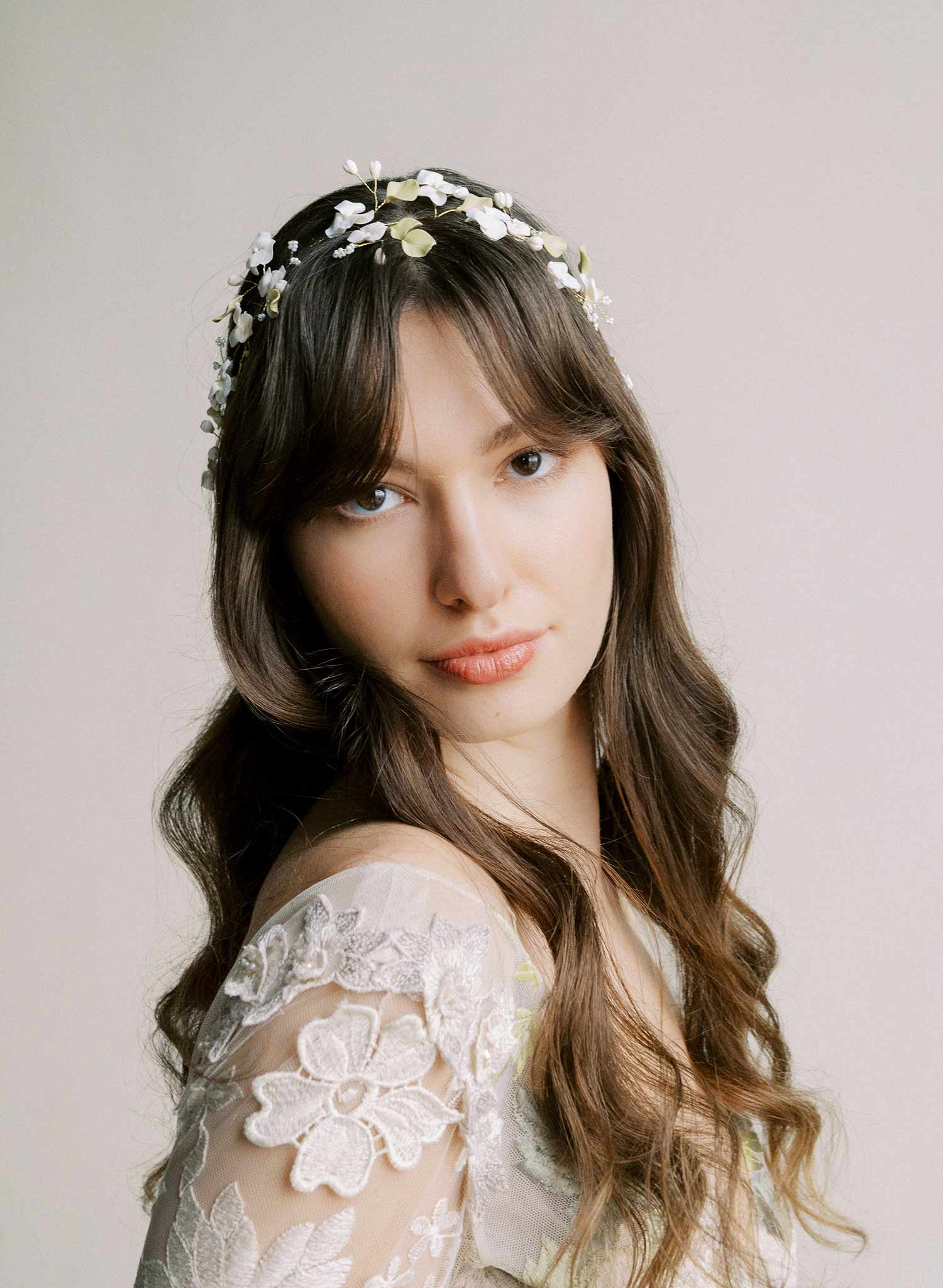 Whimsical clay flower bridal hair vine, hair accessory for weddings by Twigs and Honey