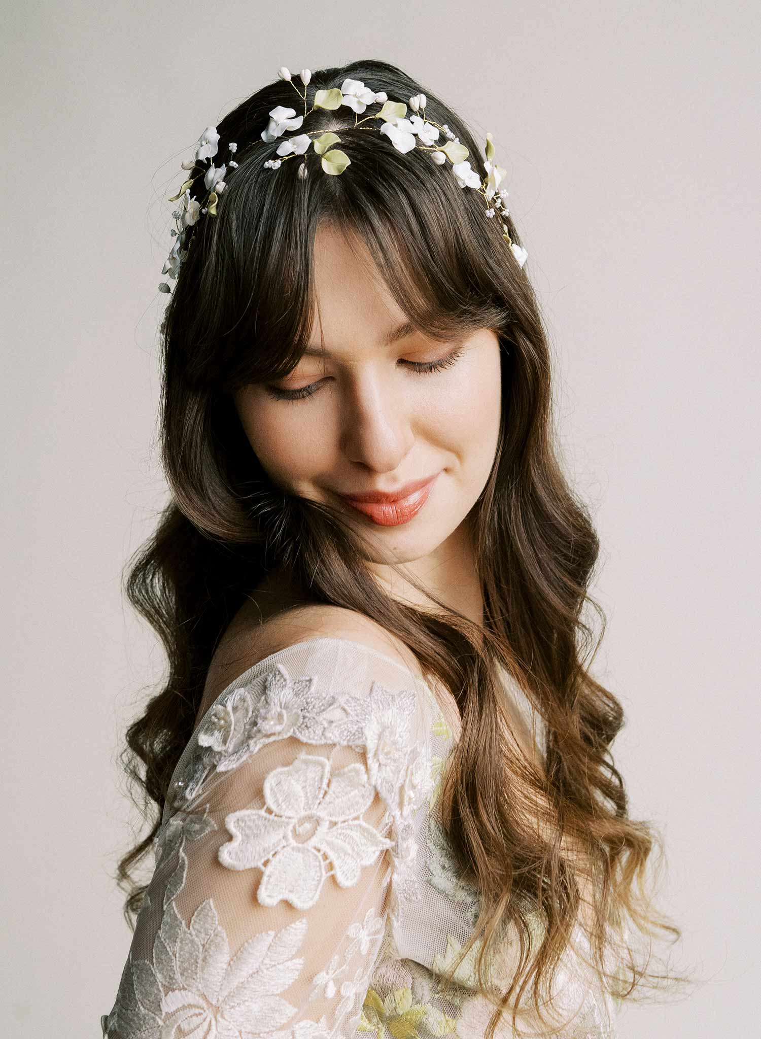 Whimsical clay flower bridal hair vine, hair accessory for weddings by Twigs and Honey