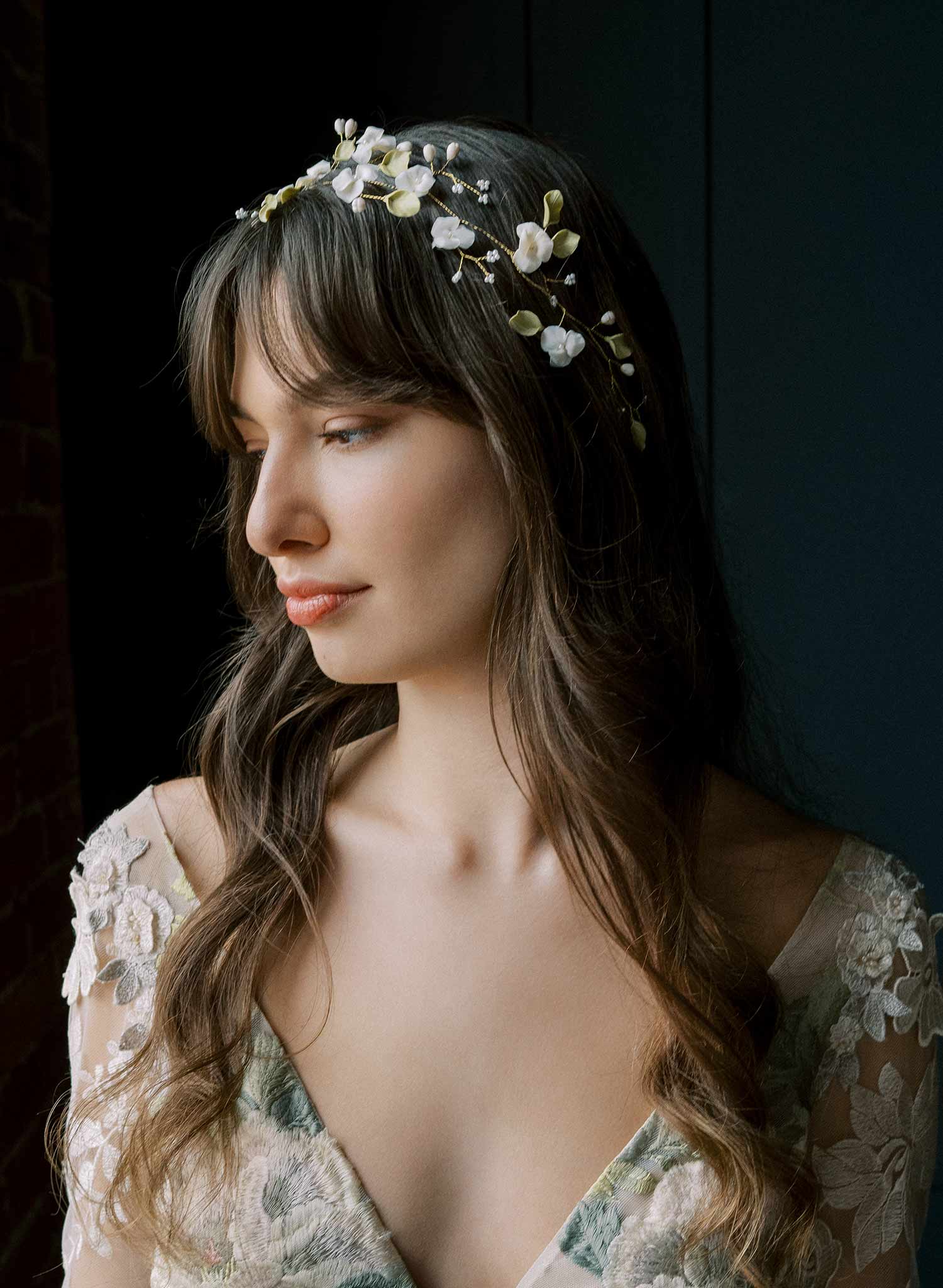 Whimsical clay flower bridal hair vine, hair accessory for weddings by Twigs and Honey