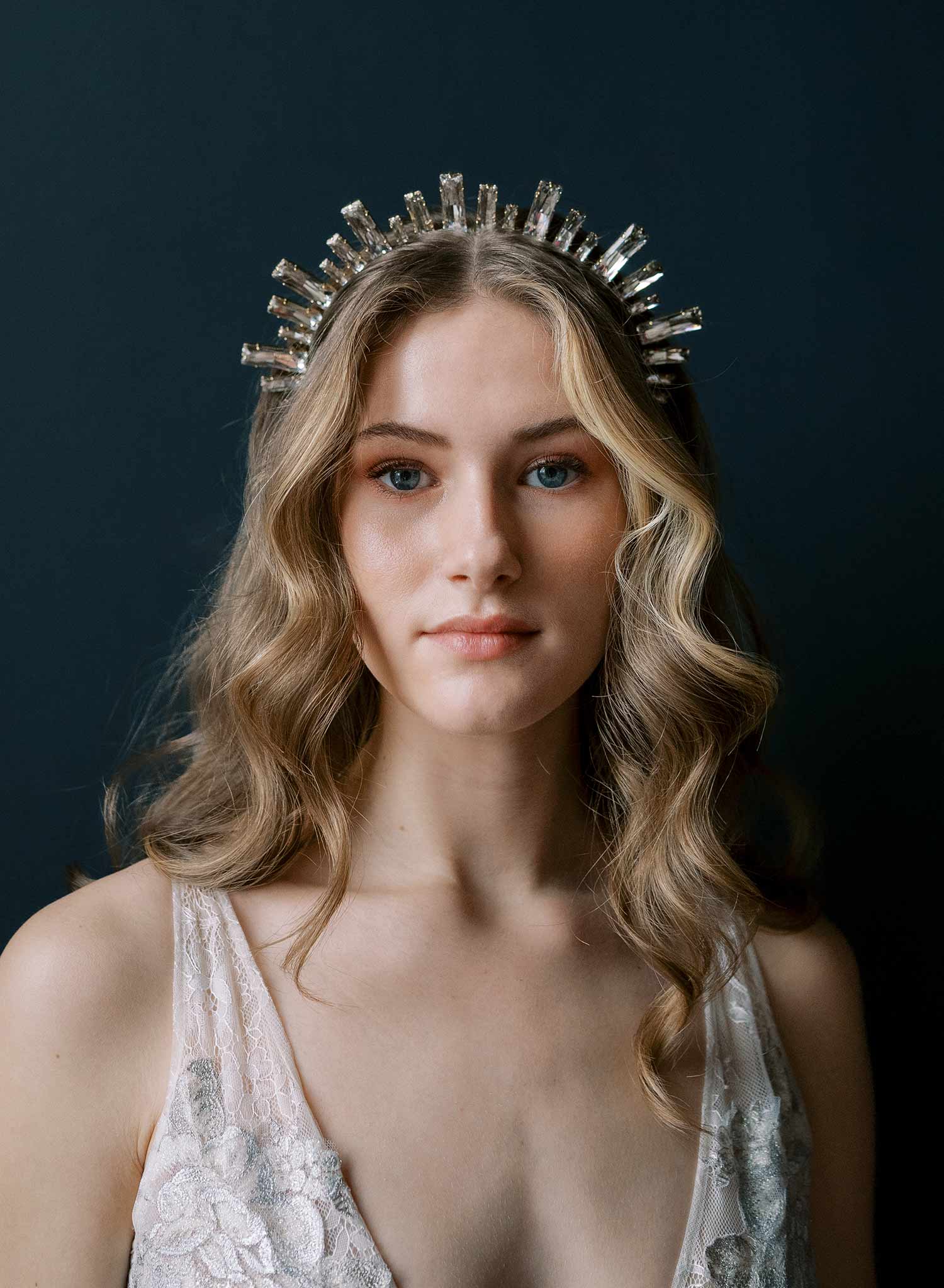 Baguette princess cut Austrian crystal bridal tiara, crown by Twigs and Honey.