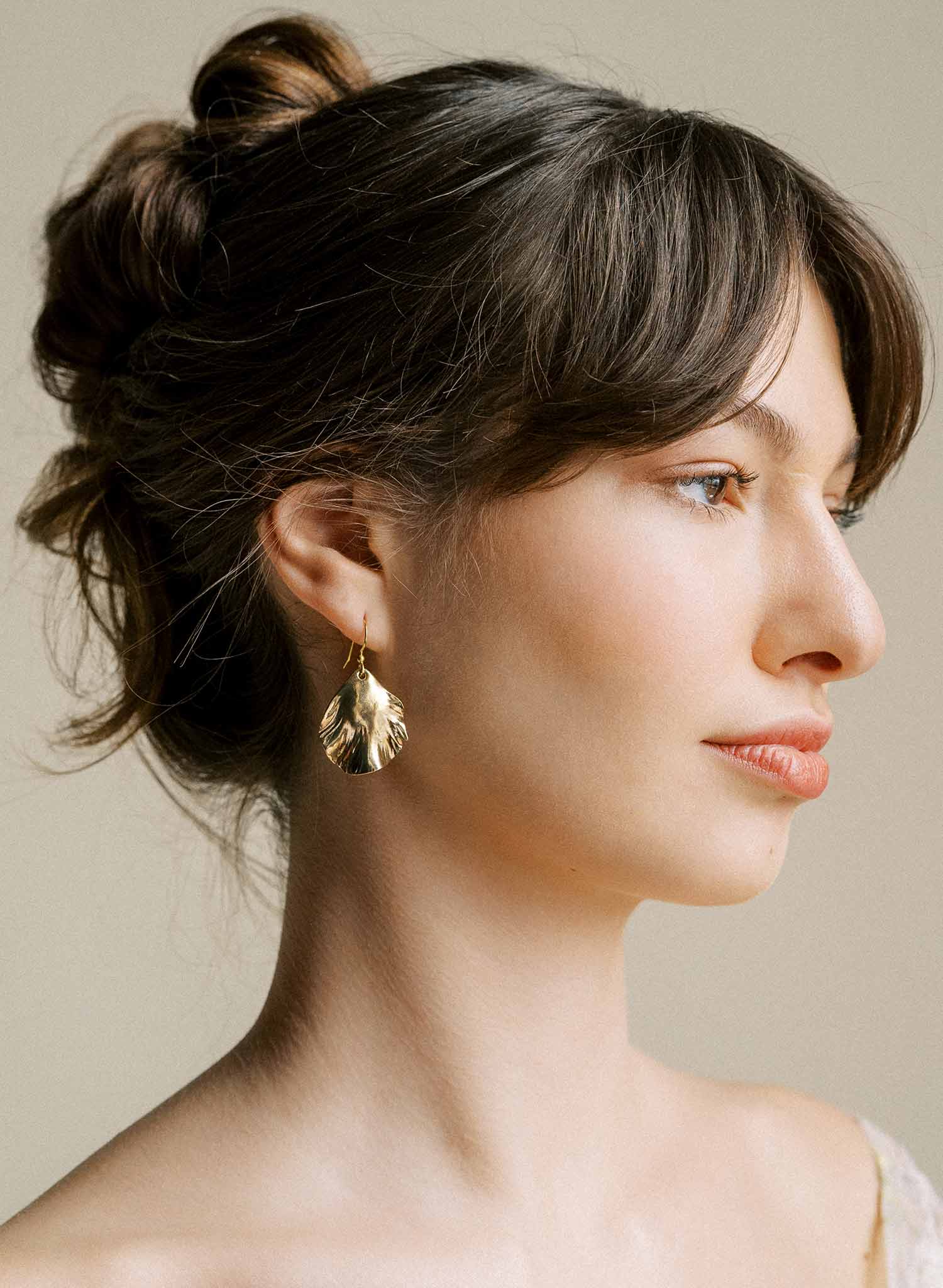 Hand sculpted bridal brass petal drop earrings, gold by Twigs and Honey