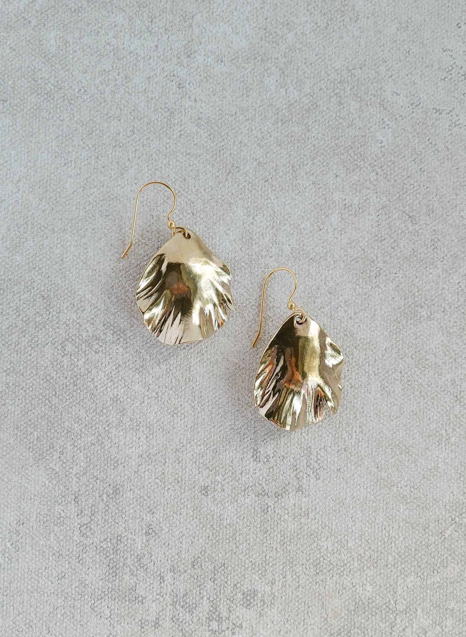 Hand sculpted bridal brass petal drop earrings, gold by Twigs and Honey