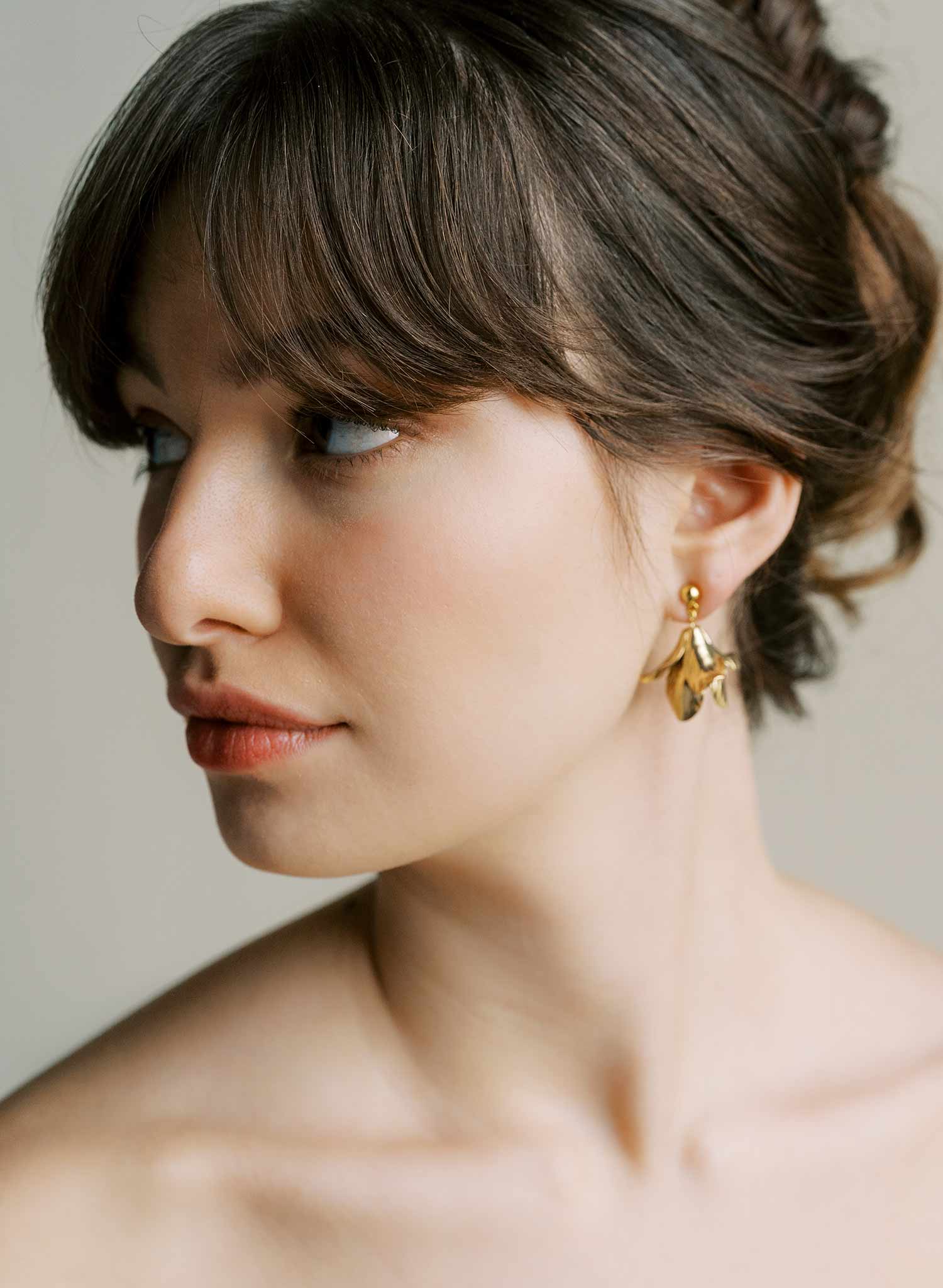 Hand sculpted bridal brass drop earrings, gold, by Twigs and Honey